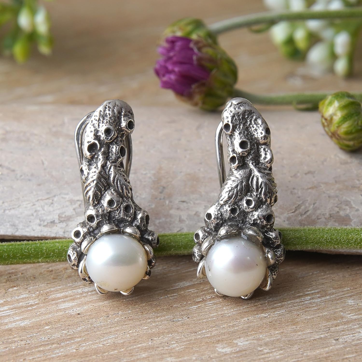 NOVICA Artisan Handmade Pearl Drop Earrings Silver Sterling White Indonesia Birthstone Sea Life [0.8 in L x 0.7 in W] ' Coral Reef'