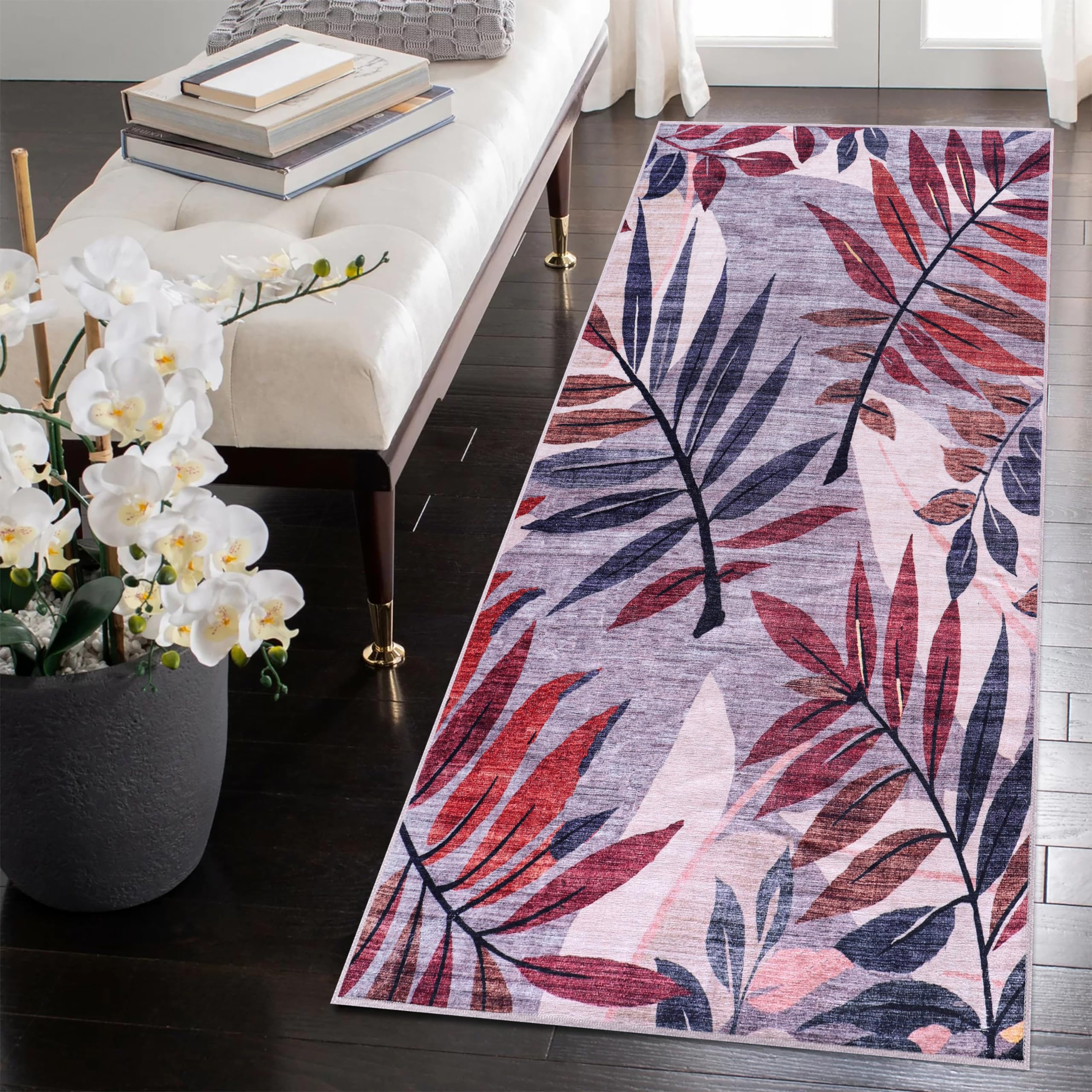 Tapis Lavable en Machine pour Cuisine, Chambre, Salle à Manger et Salon | Adapté aux Enfants et Animaux | Poils Courts | Antidérapant (Floral, 80 x 240)