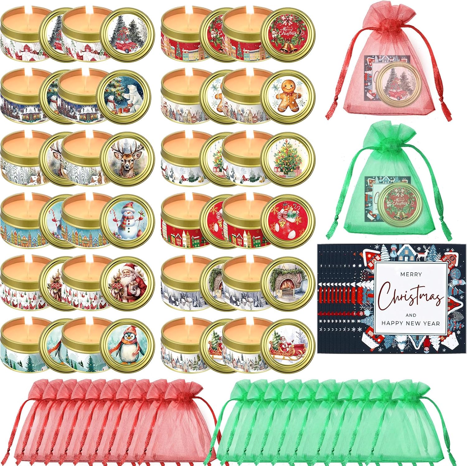 MTLEE 24 Sets Christmas Scented Soy Wax Candles Aromatherapy Candles with Organza Bag and Cards Bulk, Portable Travel Tin Candle Party Favors Christmas Gifts for New Year Home Supplies(Romantic)