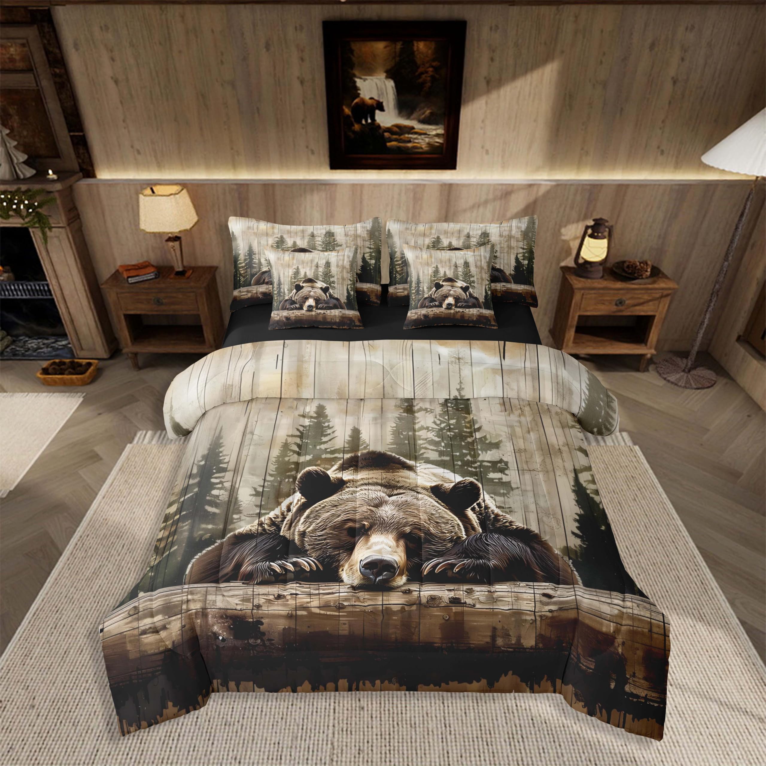 Feelyou 7 Piece Grizzly Bear Bed in a Bag Queen Wild Animal Hunting Sheet Set Cabin for Boys Girls Kids Rustic Farmhouse Bedding Comforter Wooden