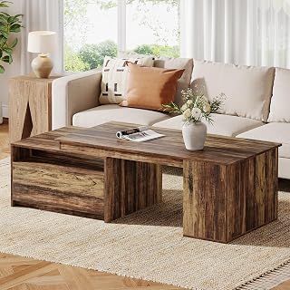 Tribesigns Extendable Coffee Table, 47"-70" Length Wooden Center Table with Drawer, Reversible Farmhouse Cocktail Table with Storage for Living Room, Rustic Brown