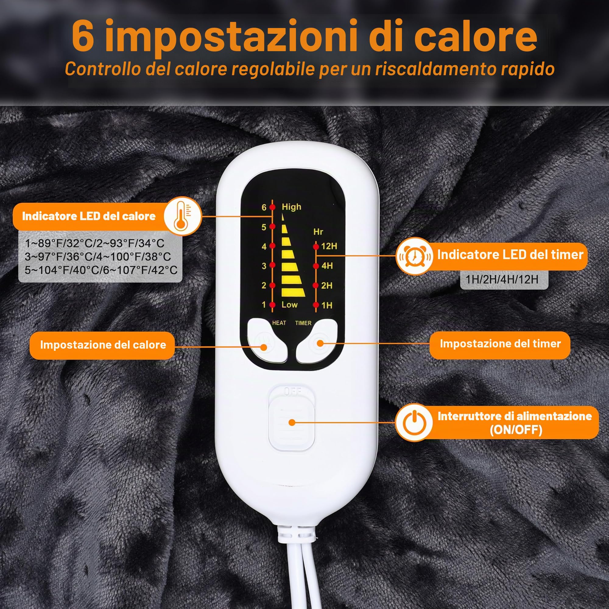 Coperta Elettrica in Flanella Morbida, Protezione da Surriscaldamento, Plaid Riscaldante Lavabile in Lavatrice con Timer 12 Ore e 6 Livelli di Calore(Grigio scuro, 160×120cm)