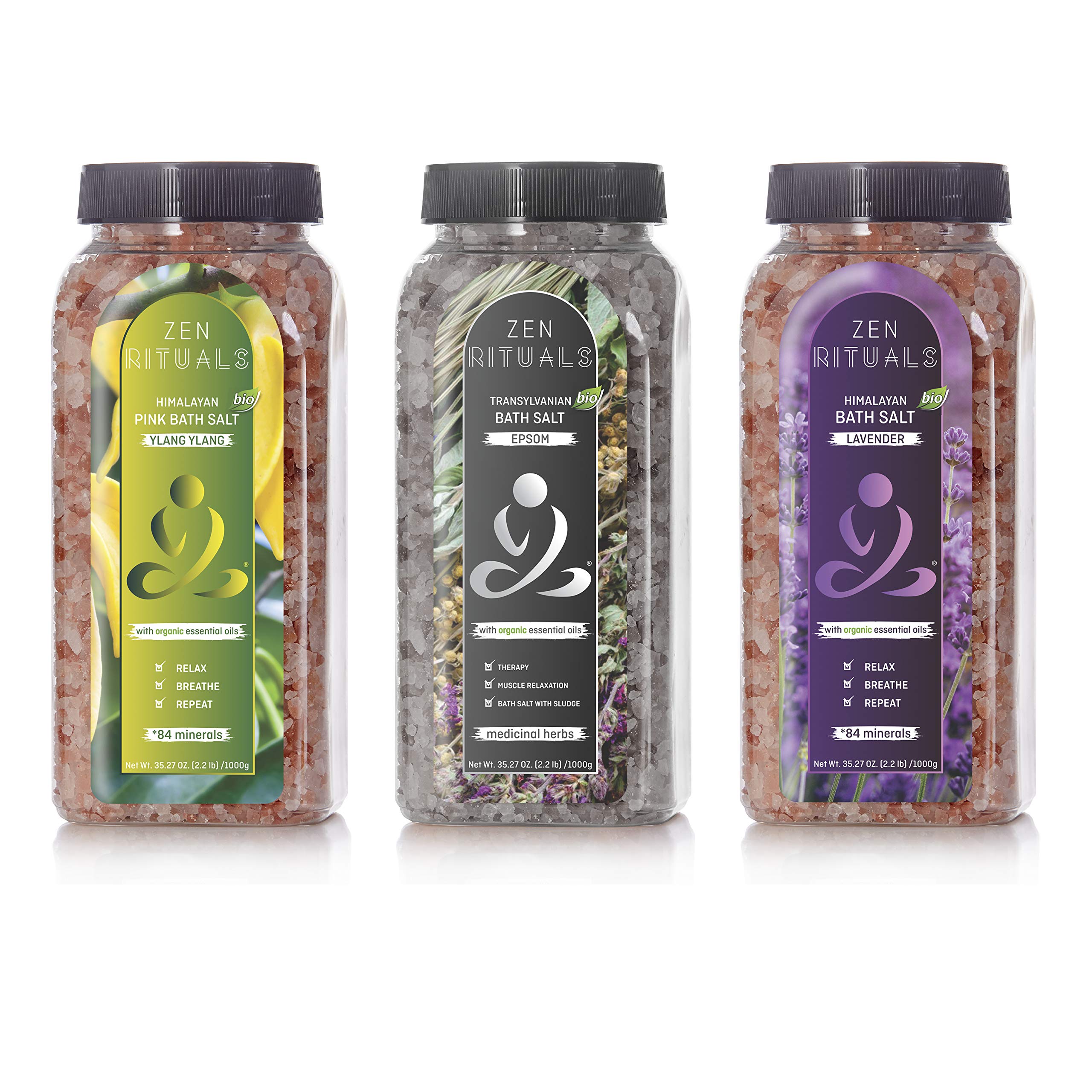 Zen Rituals Bath Salt Set – Organic Lavender Pink Himalayan Salt, Ylang Ylang Pink Himalayan Salt With Minerals and Epsom Bath Salt With Medicinal Herbs – Bundle Pack 3 Bottles, 6.6 lbs