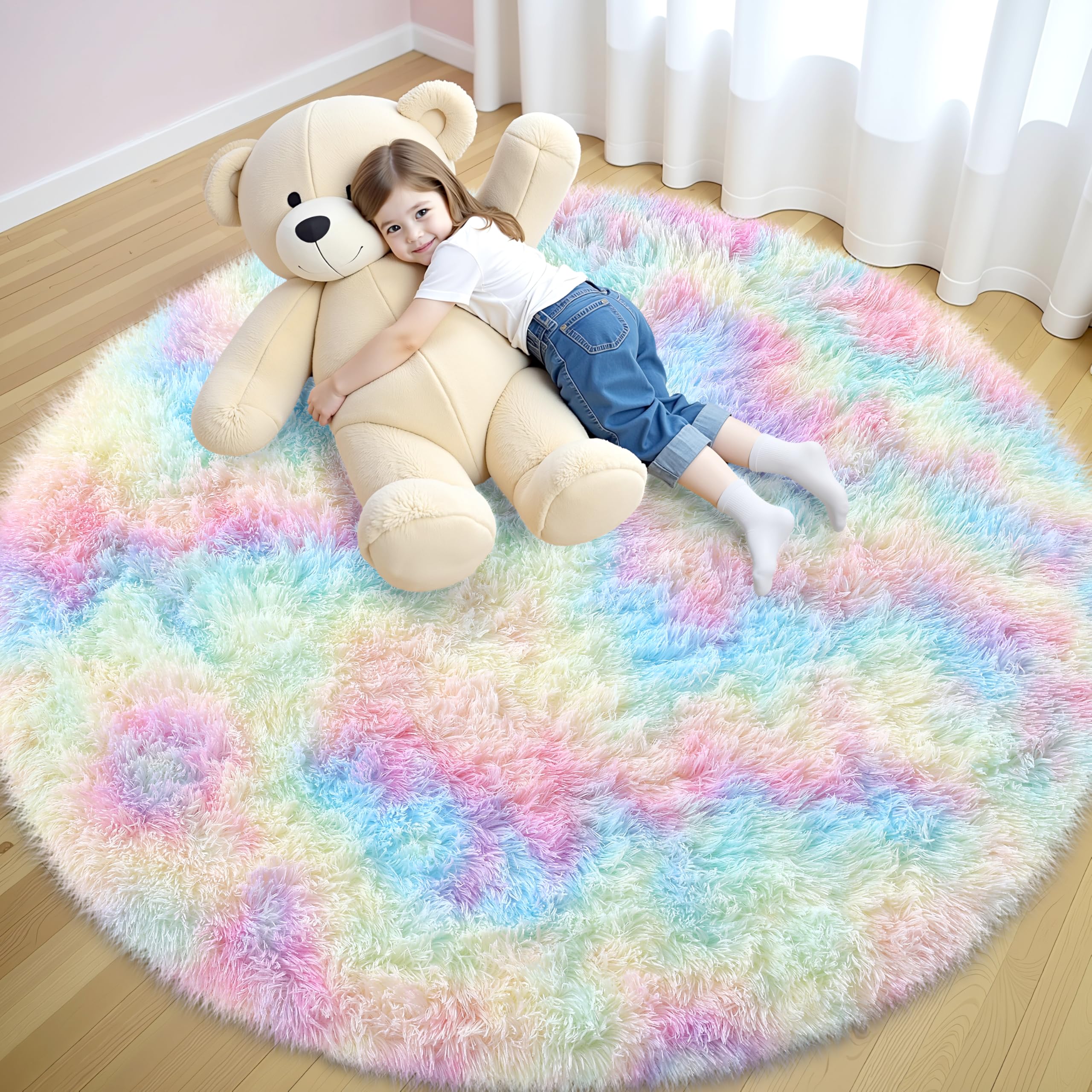 OLANLY Rainbow Round Rugs for Bedroom - Machine Washable, 5x5 Feet Circle Area Rugs for Living Room, Soft and Fluffy Shaggy Carpet for Teen Girls and