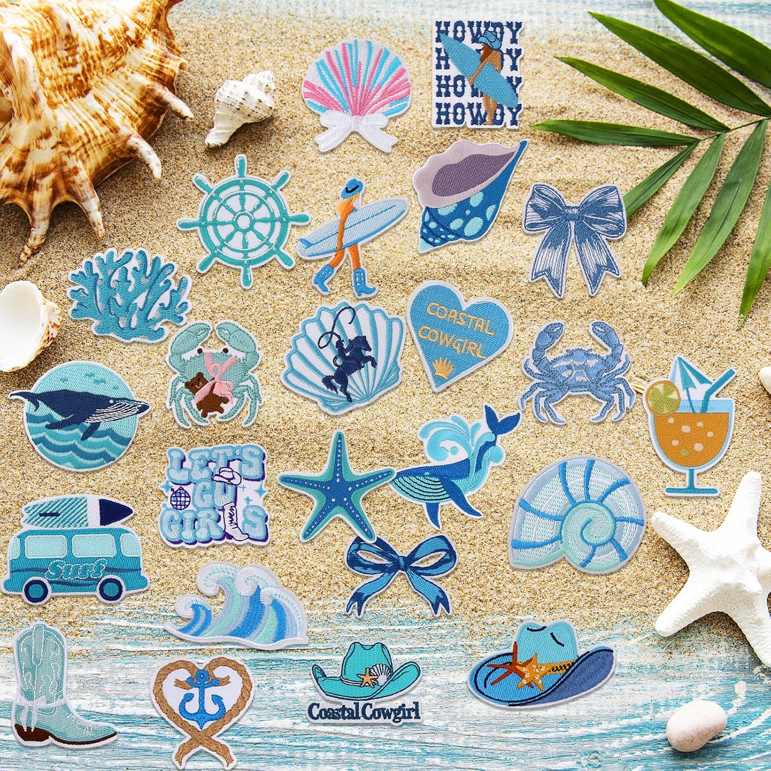 24Pcs Coastal Cowgirl Iron on Patches Blue Beach Embroidered Patches Summer Ocean Applique Patches Heat Press Embroidery Patches for Clothes Hats Bags Jeans Dress Shirts DIY Accessories