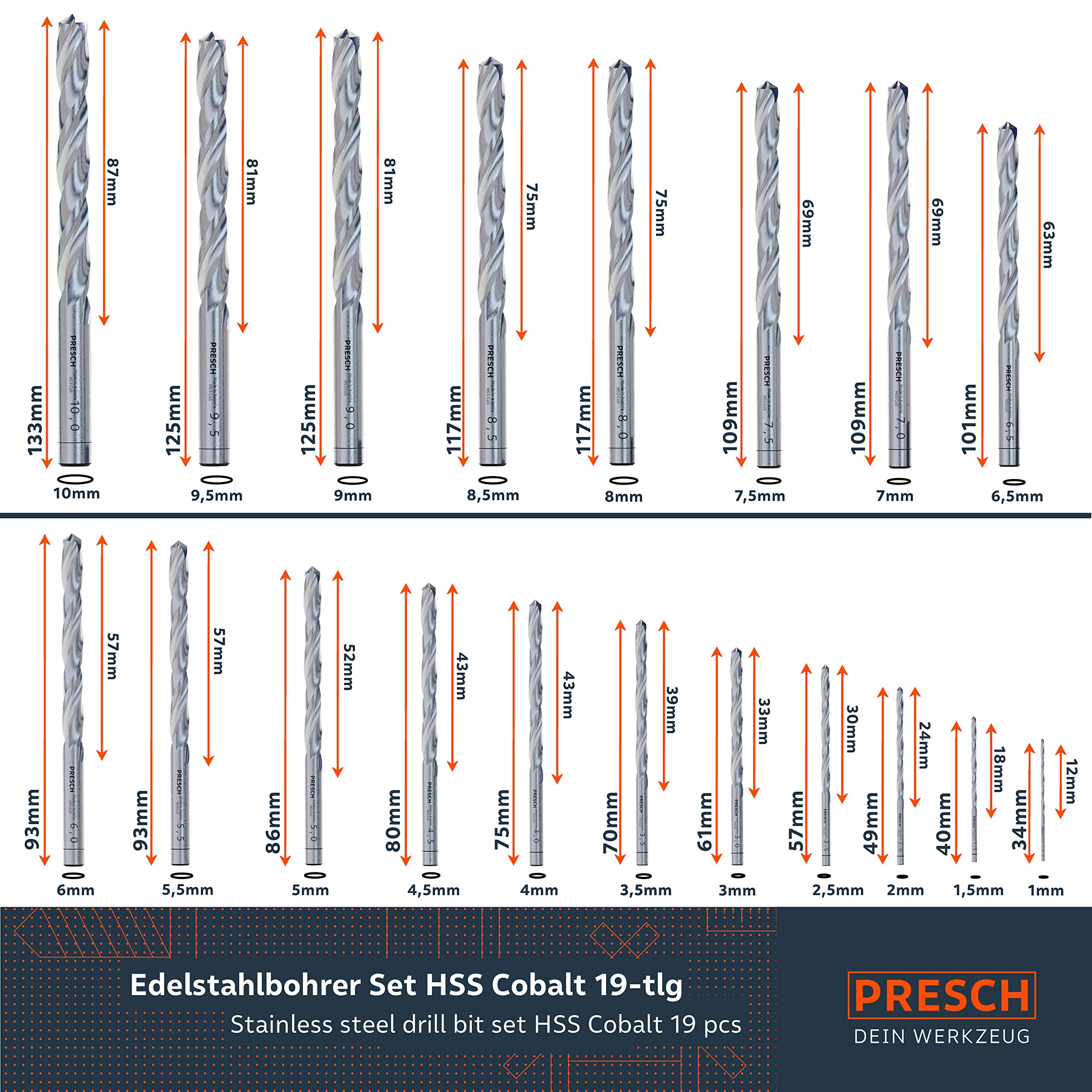 Presch Brocas para Metal HSS Cobalto de 19 pzas. - Juego de Brocas Cobalto HSS-CO de Acero Fino - Broca Profesionales de HSS para Metal, Acero, Hierro, etc.