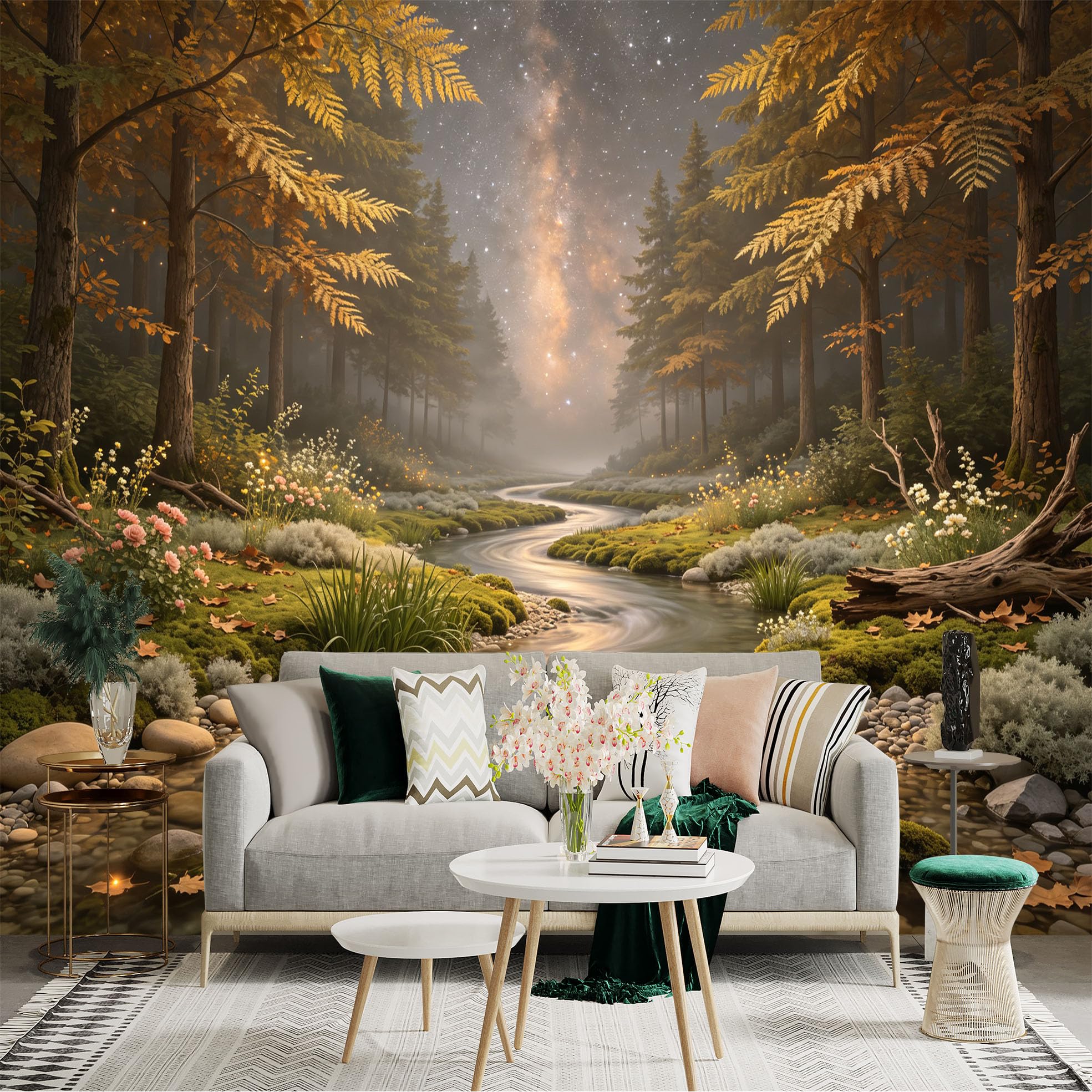 Custom Size Wall Sticker Mural， Enchanted Autumn Forest Stream， Milky Way Night Sky， Glowing Flowers and Mossy Stones， for wall Decoration， peelandstick wall Decals.