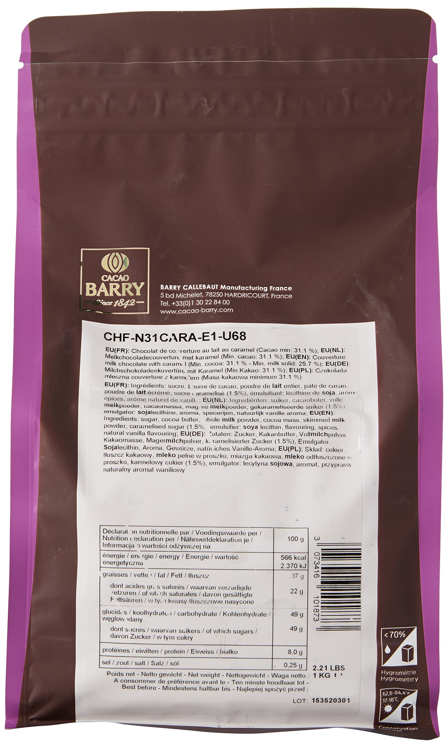 CACAO BARRY 31% Min Cacao Chocolat Lactée Caramel Pistoles 1 kg