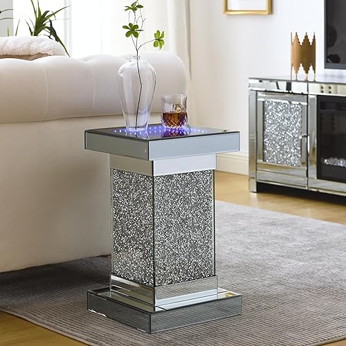 Miniatura 3 de IKIFLY Mesa auxiliar con espejo con luces LED de lasaña, mesa auxiliar moderna con diamante triturado, mesita de noche para sala de estar y