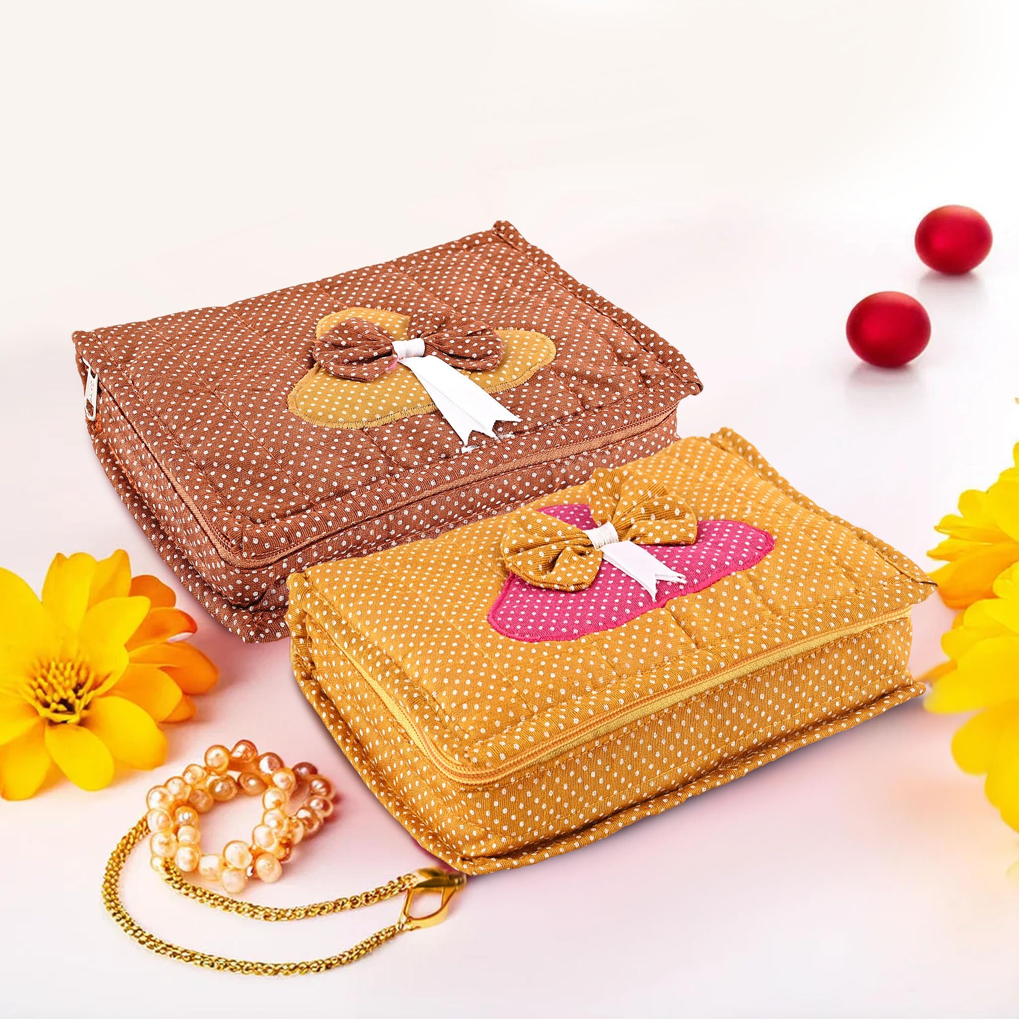 Kuber Industries Pack of 2 Cosmetic Organisers Storage Box With 7 Pockets | Jewellery Organisers For Travel | Toiletries Bag | Dot- Golden & Brown