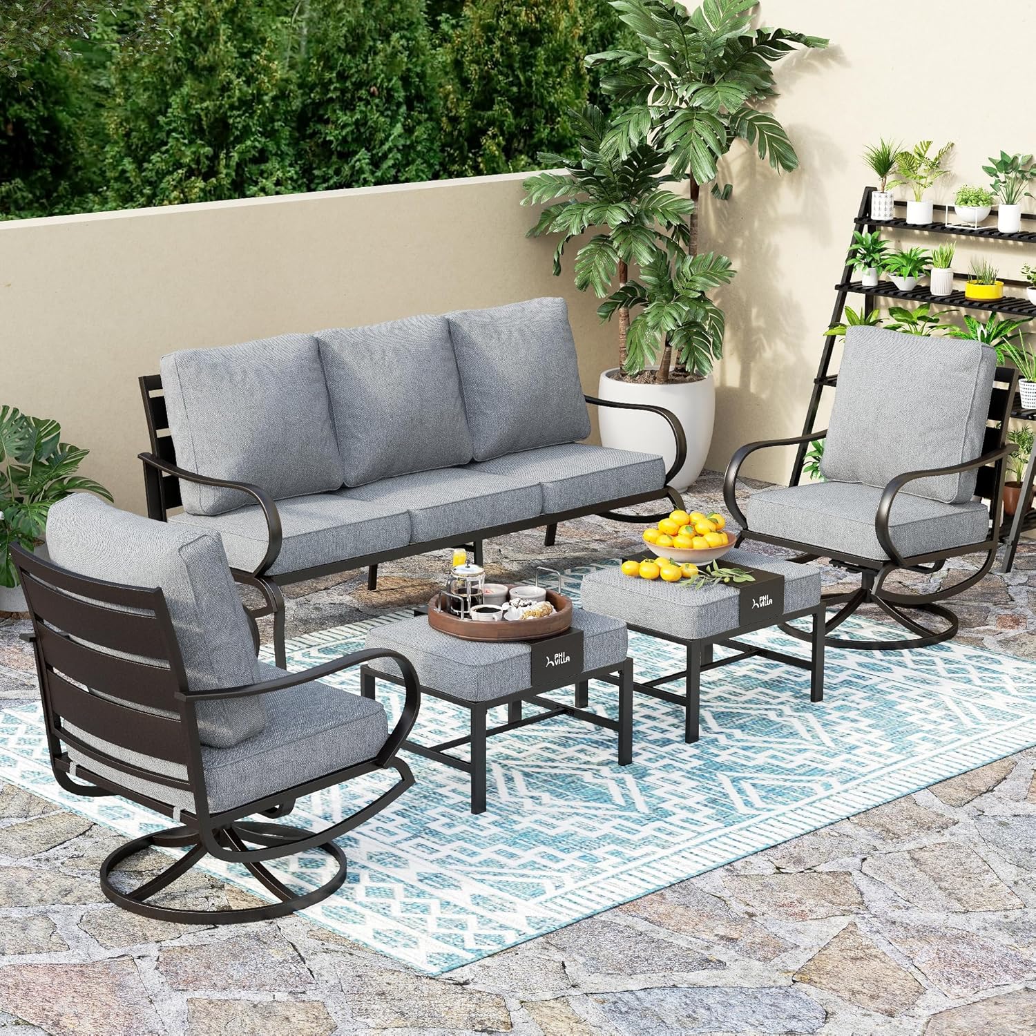 PHI VILLA 5-Piece Grey Patio Furniture Set: 3-Seater Bench, 2 Swivel Chairs, 2 Ottomans - Rust-Proof Metal Outdoor Conversation Set