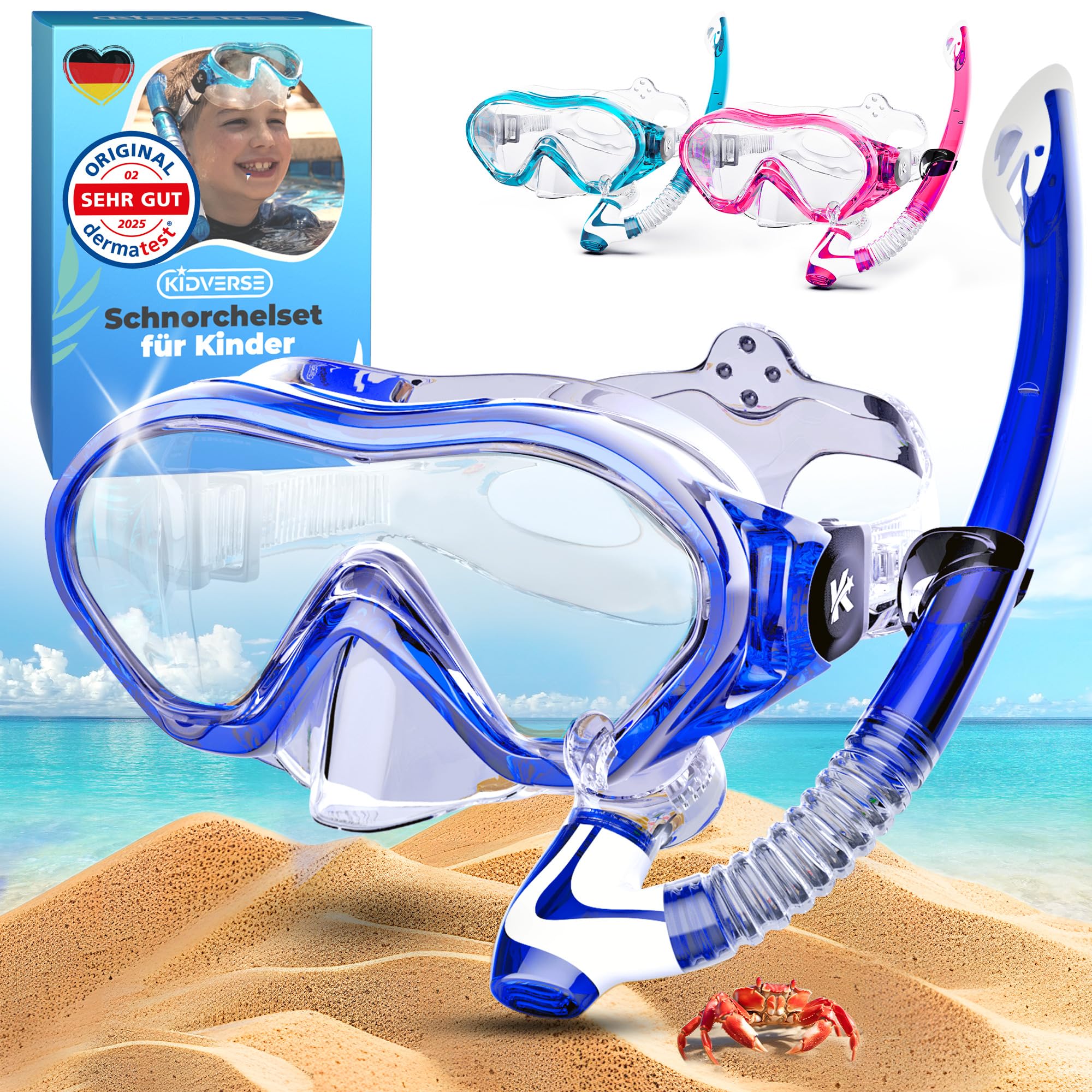 KIDVERSE Kids snorkel mask age 5 to 15 - CE and Dermatest-certified snorkel mask kids - Diving goggles with fabric or silicone strap - Snorkelmask set