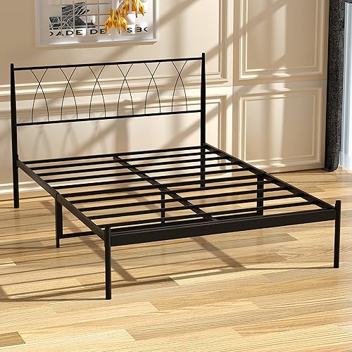 Marco de cama matrimonial tamaño matrimonial plataforma de metal negro marco de cama con base de colchón para almacenamiento con soporte de listones