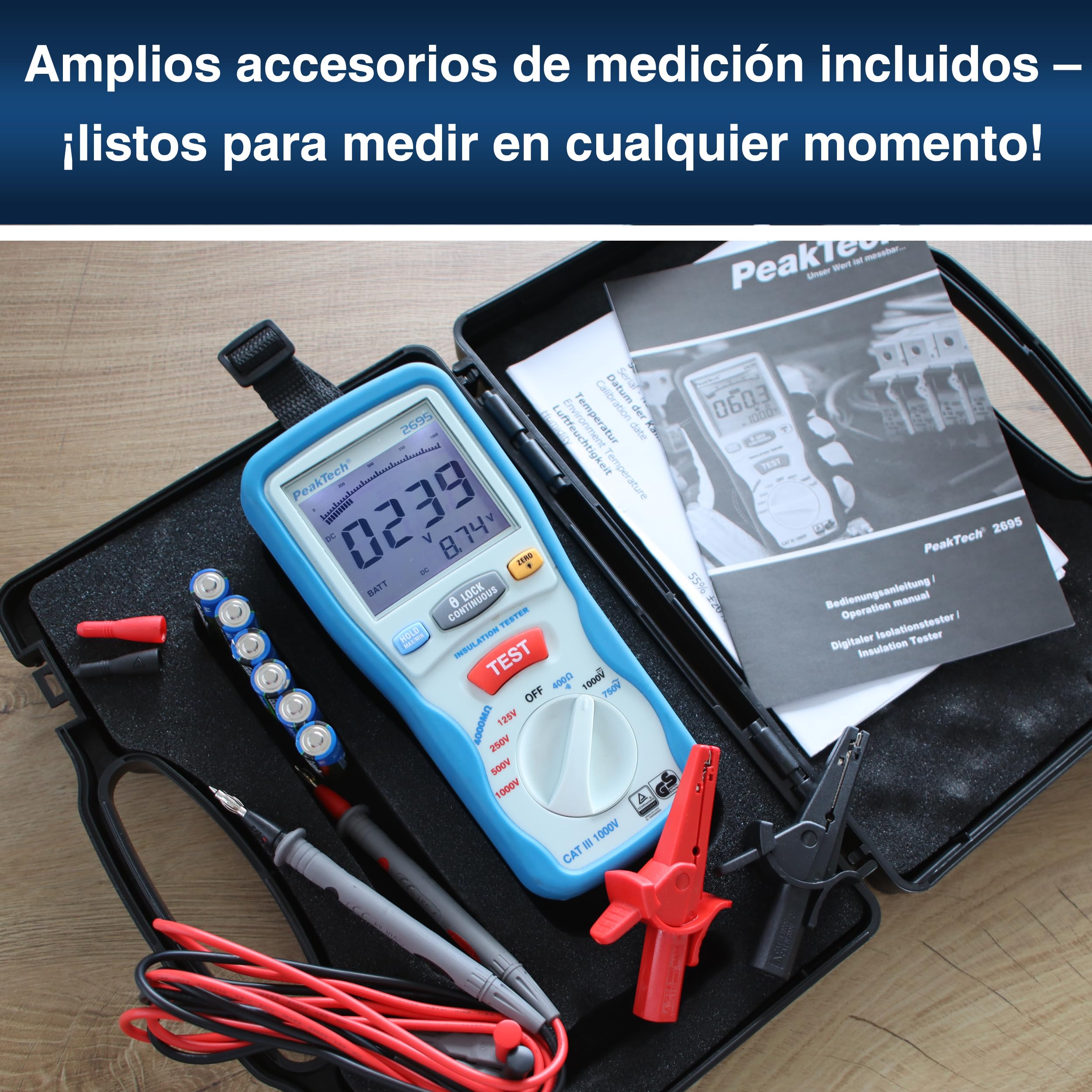 PeakTech 2695 – Probador de aislamiento, calibrado, probador de continuidad, voltímetro, circuitos, fusibles, mínimo/máximo, retención de datos, TUV/GS - 125V, 250V, 500V, 1000V