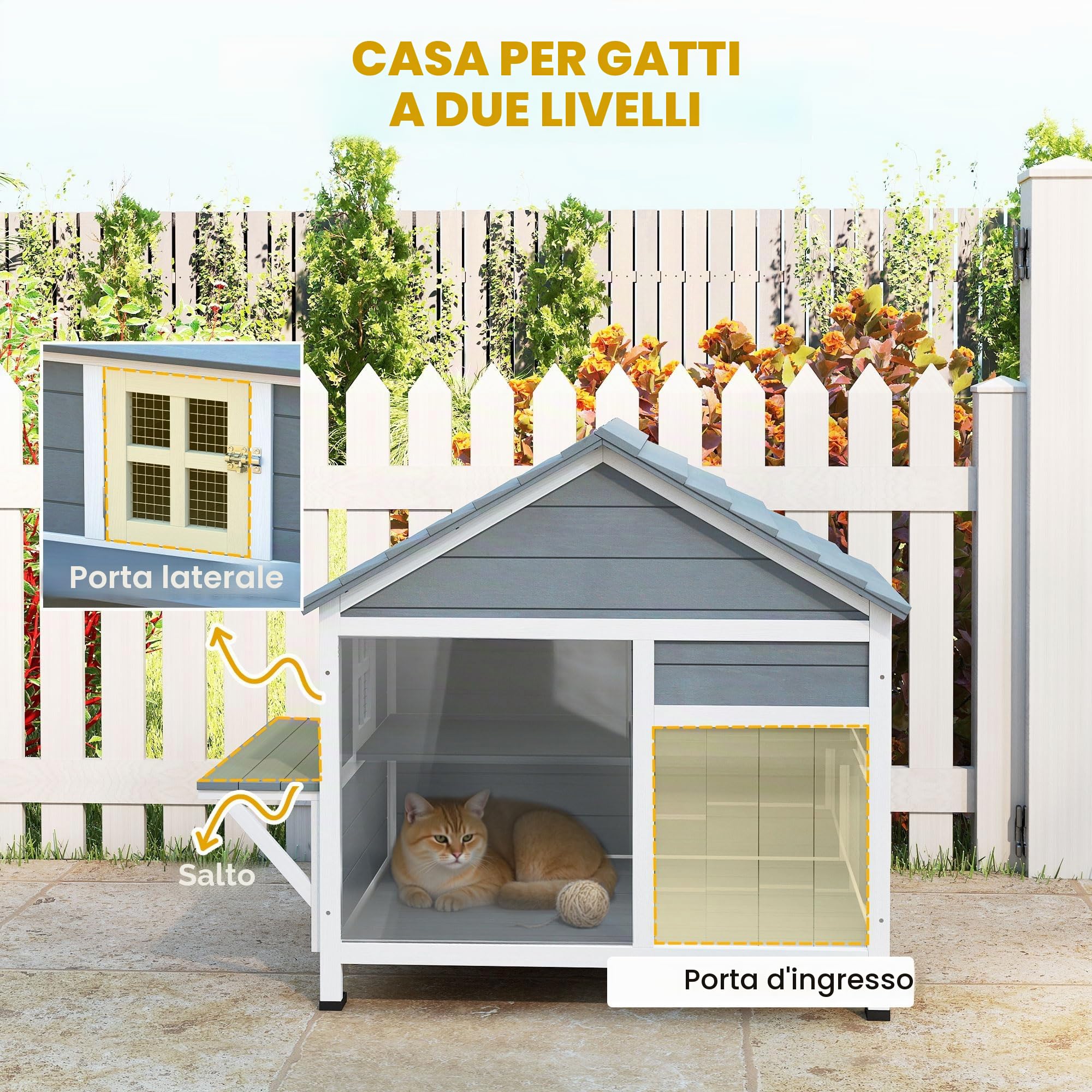PawHut Casa per gatti in legno resistente alle intemperie con tetto apribile, nicchia esterna con finestra, porta a lamelle e piattaforma, grande villa gatto a doppio piano, 101 x 72,5 x 81 cm, grigio