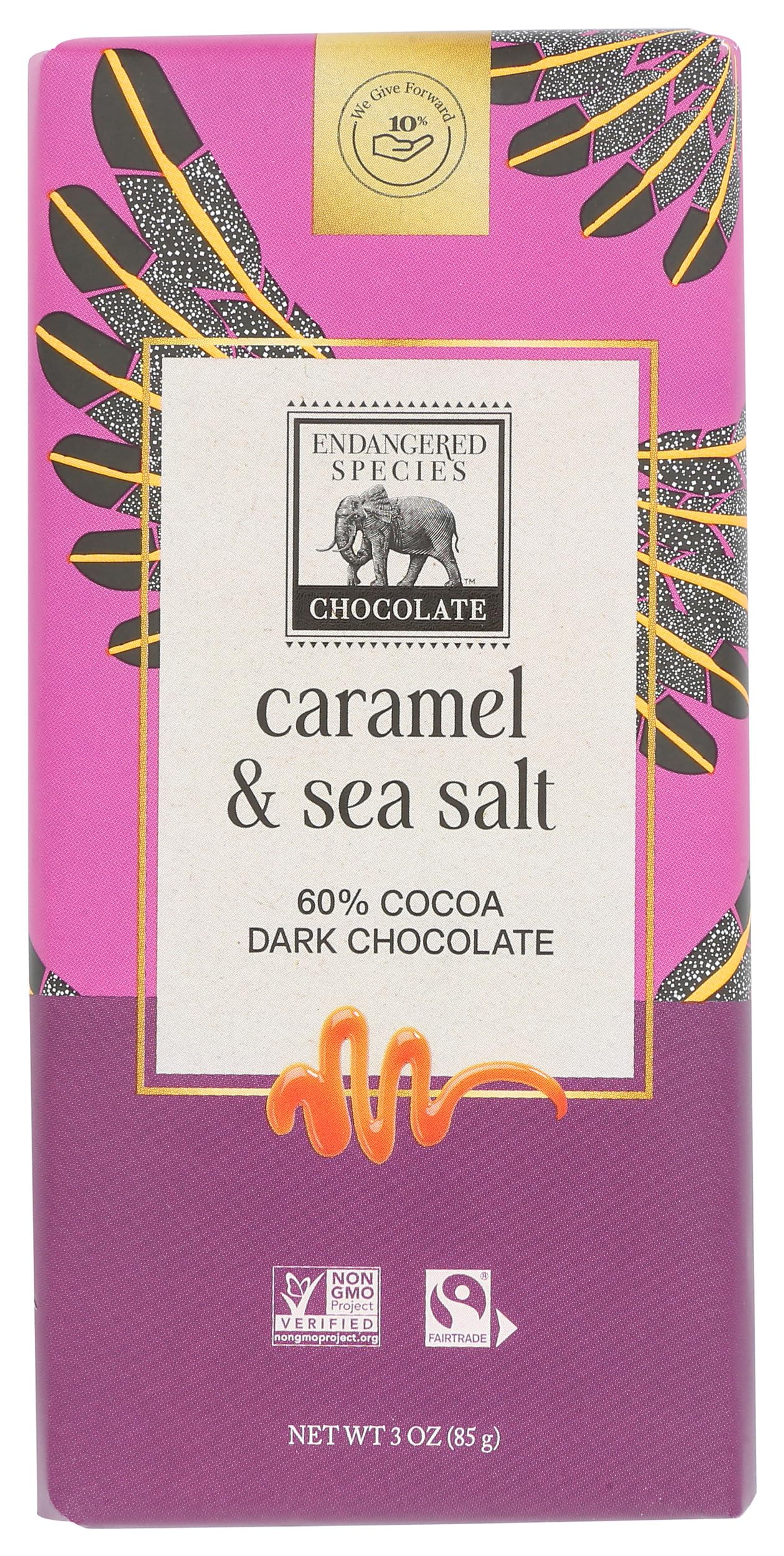 Endangered Species 60% Cocoa Caramel & Sea Salt Dark Chocolate Bar, Non GMO, 3 Ounces (Pack Of 12)