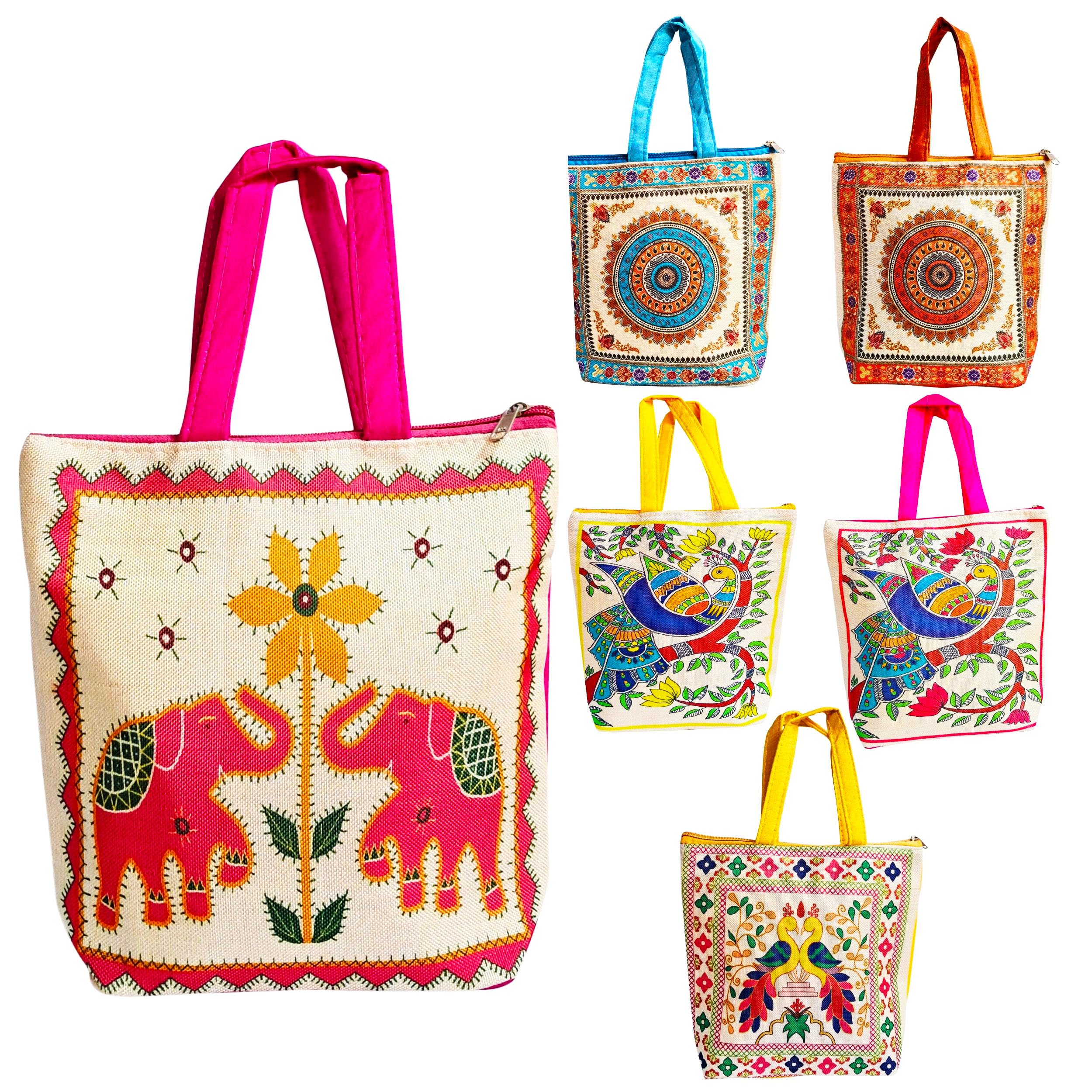 Women’s Jute Canvas Pooja Handbags | Ethnic Printed Wrist Bags with Zip | Return Gift Potli Bags for Wedding, Haldi, Mehendi, Baby Shower, Pooja & Festivals-image-29