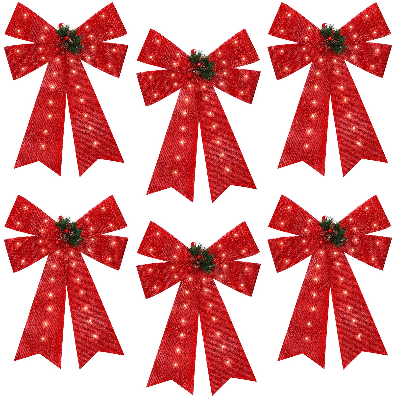 6 Pieces 22 Inch LED Christmas Wreath Bows Glitter Christmas Tree Ornaments Bows with Pine Cones, PVC Xmas Bows with Warm LED Lights Christmas Ornaments for Indoor Outdoor Xmas Home Decor (Red)