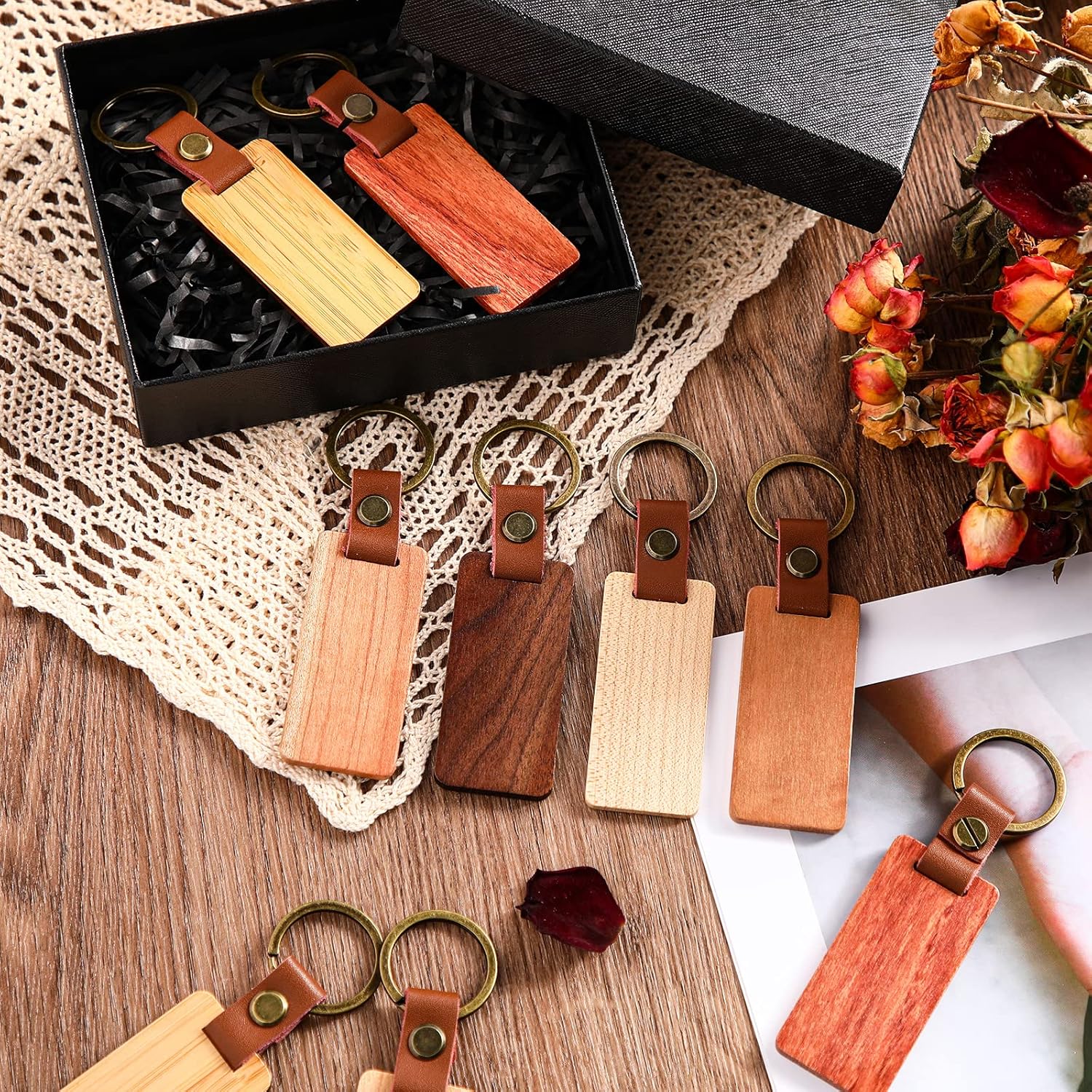 Batiyeer 30 Pcs Wooden Keychain Blanks 5 Colors Rectangle Wood Key Chain with Leather Strap Unfinished Keyrings Gifts for Dad - Image 5