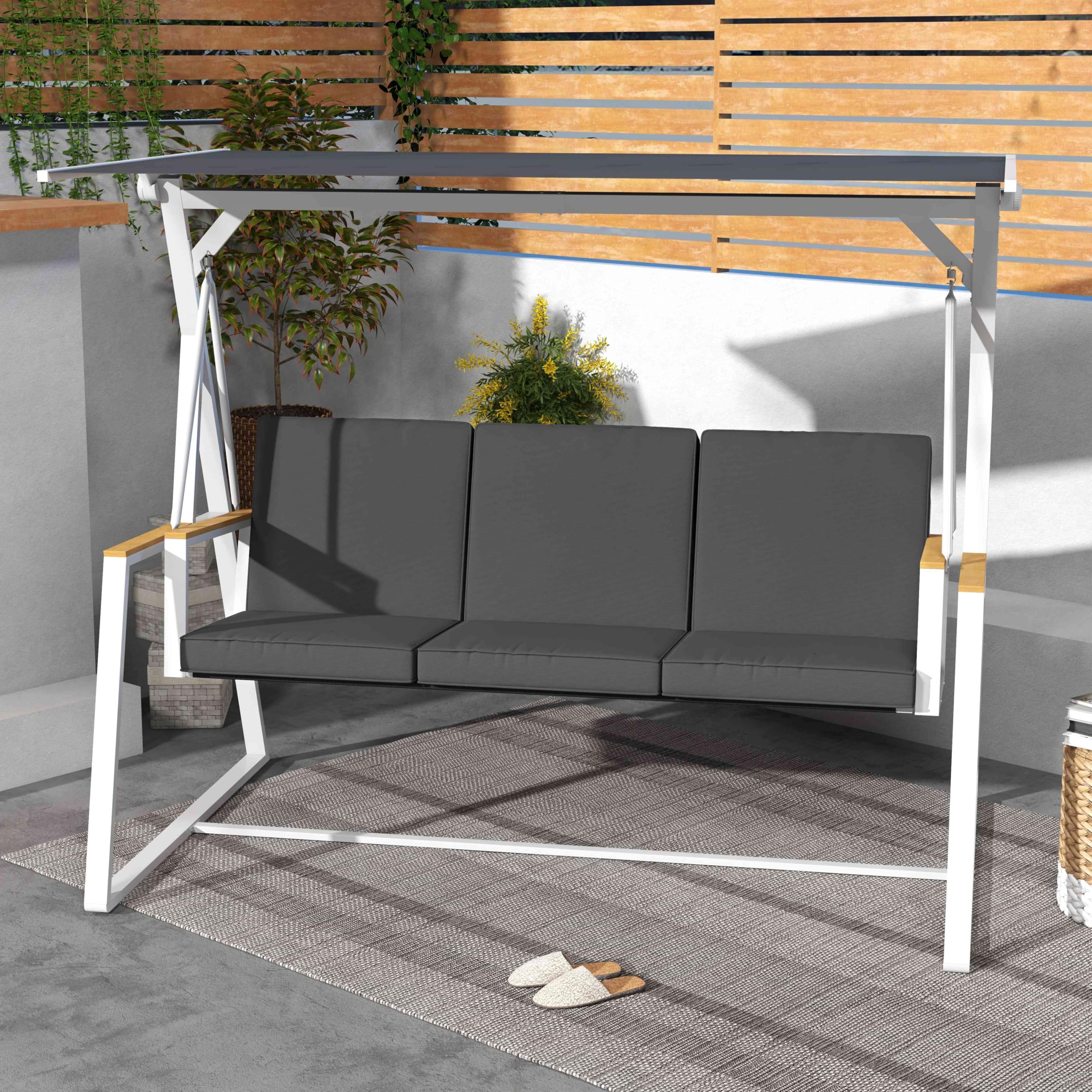 Outsunny Balancelle de Jardin 3 Places Toit Inclinaison réglable Matelas 205x130x175 cm Cadre Acier Gris