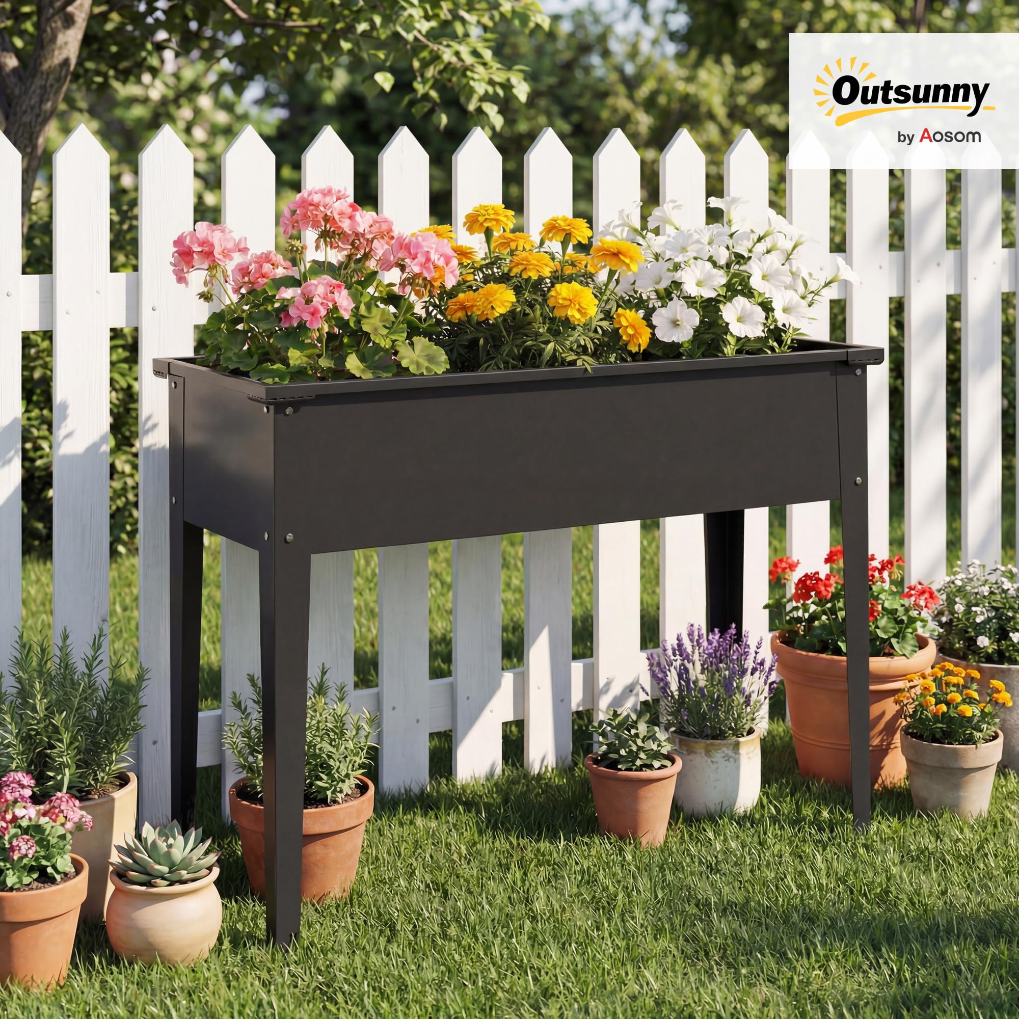 Outsunny Potager sur Pieds en Métal Trou de Drainage 100 x 40 x 80 cm Noir | Jardinière Surélevée 80L, avec Bords Arrondis, Carré Potager Surélevé pour Plantes Fleurs Légumes