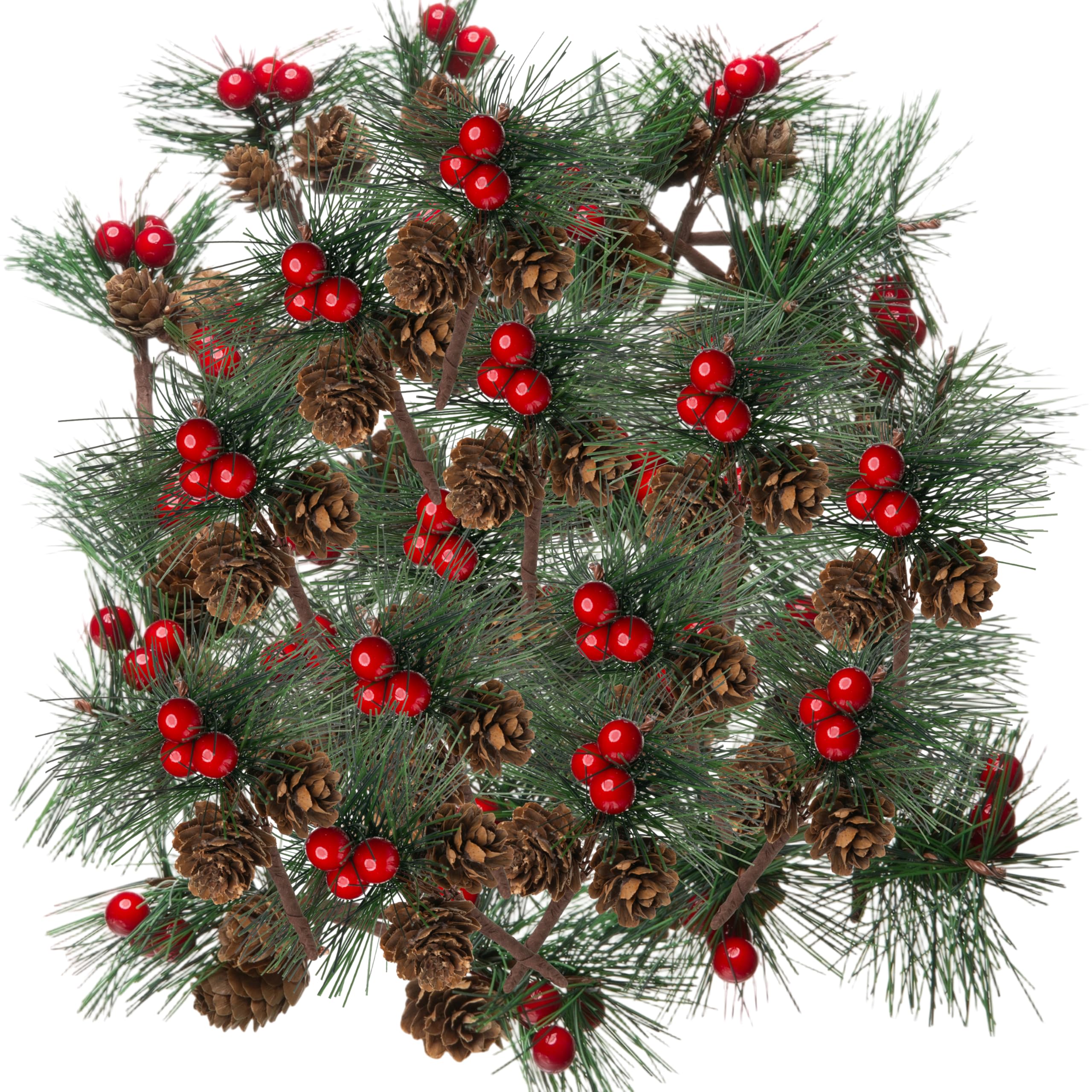 Künstliche Tannenzapfen mit Tannennadeln, Zweigen und roten Beerenstielen – 8,9 cm kleine künstliche Beeren, Tannenzapfen zum Basteln, für Weihnachtsbaum, Weihnachtskranz, Dekoration, 50 Stück