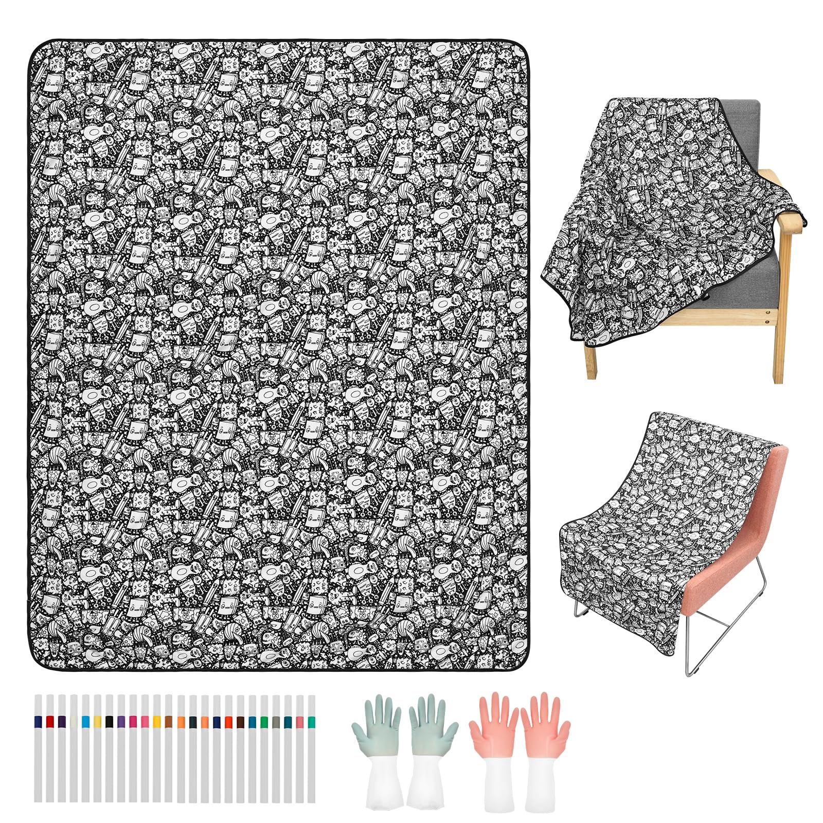 DIY Colouring Blanket Kit, Colour Your Own Velvet Blanket with 24 Fabric Markers & Gloves 150x125cm Soft Plush Colouring Throw Blankets Creative DIY Art Gift for Family Activity, Stress Relief