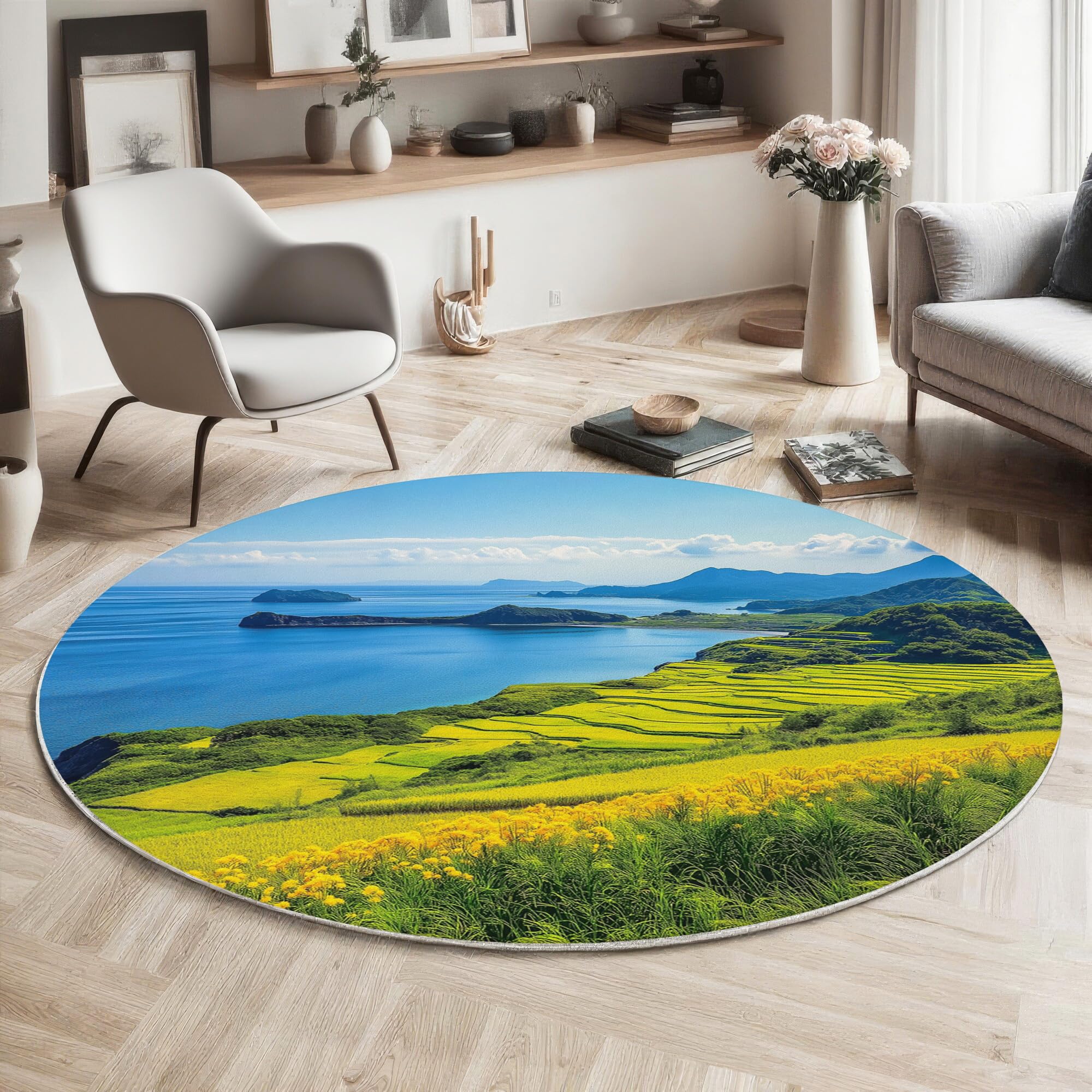 Tapis rond 200cm vert paysage de prairie pour salon et chambre