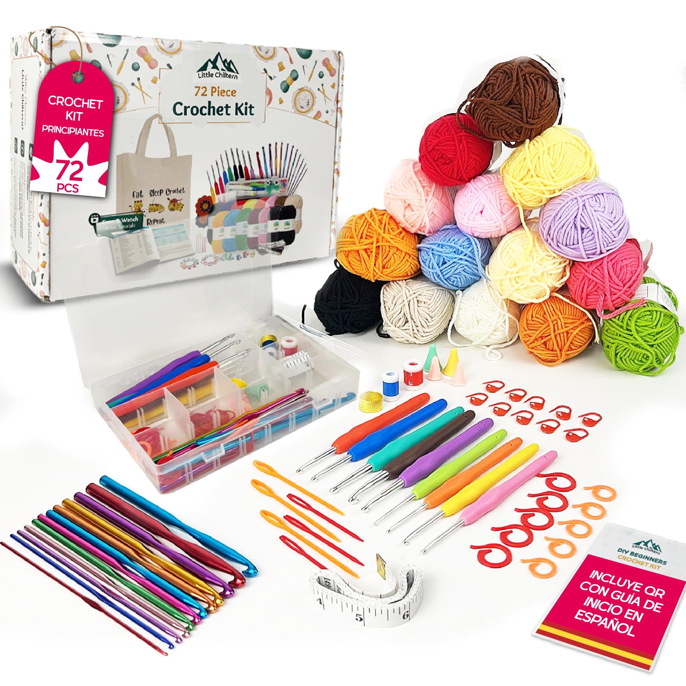 Bainku Kit Crochet Completo para Principiantes | 72 Piezas con Guía en Español | Crochet Kit Amigurumi, Ganchillos Ergonómicos, Ovillos, Caja Organizadora y Accesorios
