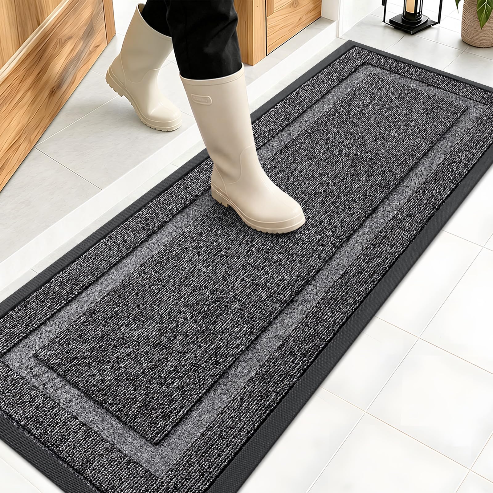 OLANLY Front Door Mat Outside 47x17, All-Season Heavy-Duty Rubber Doormat | Black and White, Absorbent, Stain and Fade Resistant, Non-Slip Backing, Low-Profile Indoor Outdoor Floor Mat for Entryway
