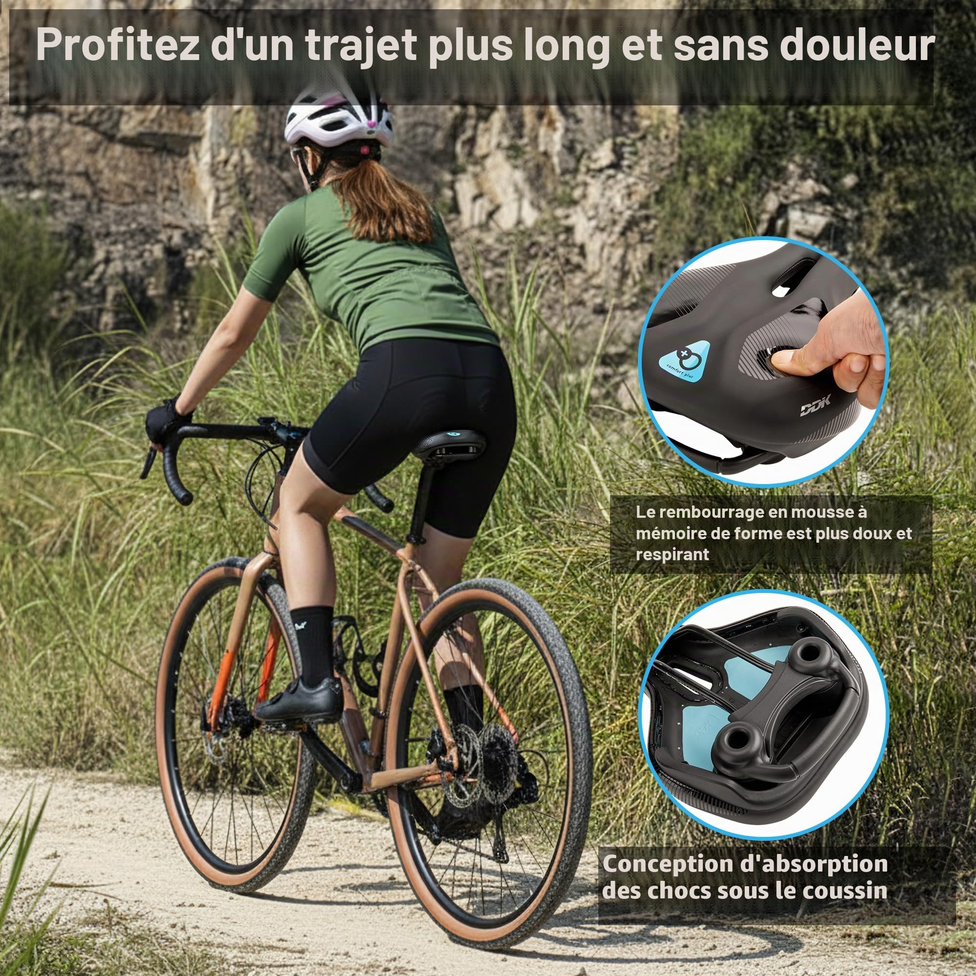 DDK Comfort Plus Selle de vélo - Selle Confortable en Mousse à mémoire de Forme - Soulage la Pression et absorbe Les Chocs - Selle Confortable et rembourrée pour Homme et Femme