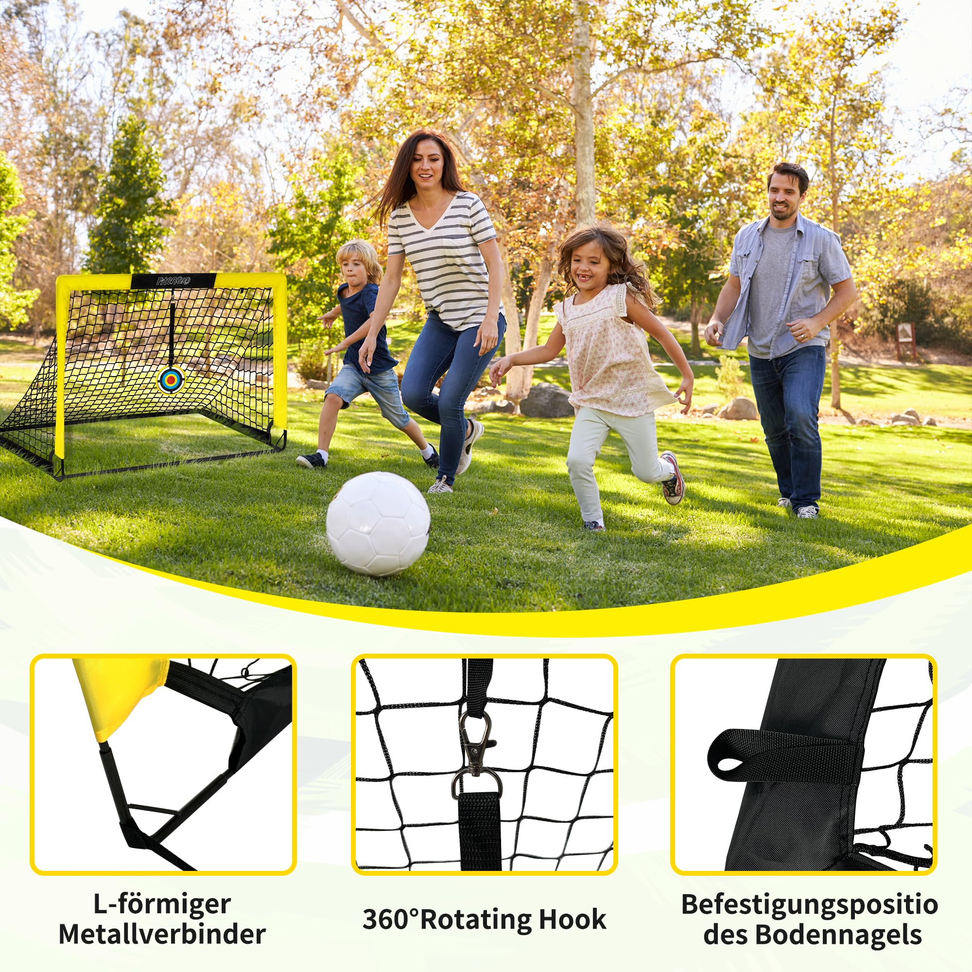 Fußballtor Kinder 2er Set - Pop up Fussballtore für Garten, Outdoor & Reisen - Faltbares Tor mit Tragetasche, 2 Bullseye & 8 U-förmigen Bodennägeln - Fußball Trainingszubehör