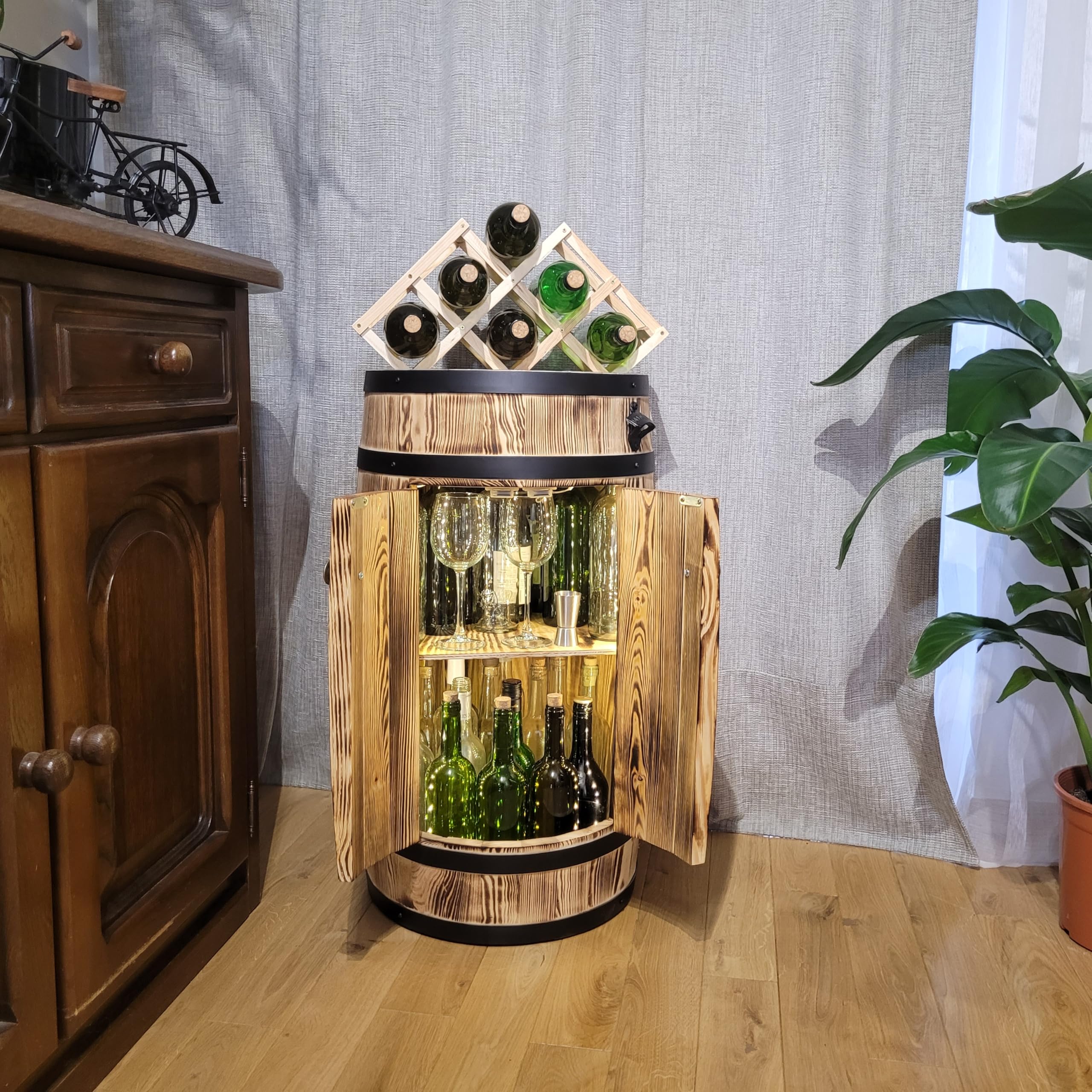 weeco Barril de madera con puertas, bar con iluminación LED, funciona con pilas, soporte para botellas de vino plegable, armario rústico para botellas de alcohol, 80 x 50 x 44 cm