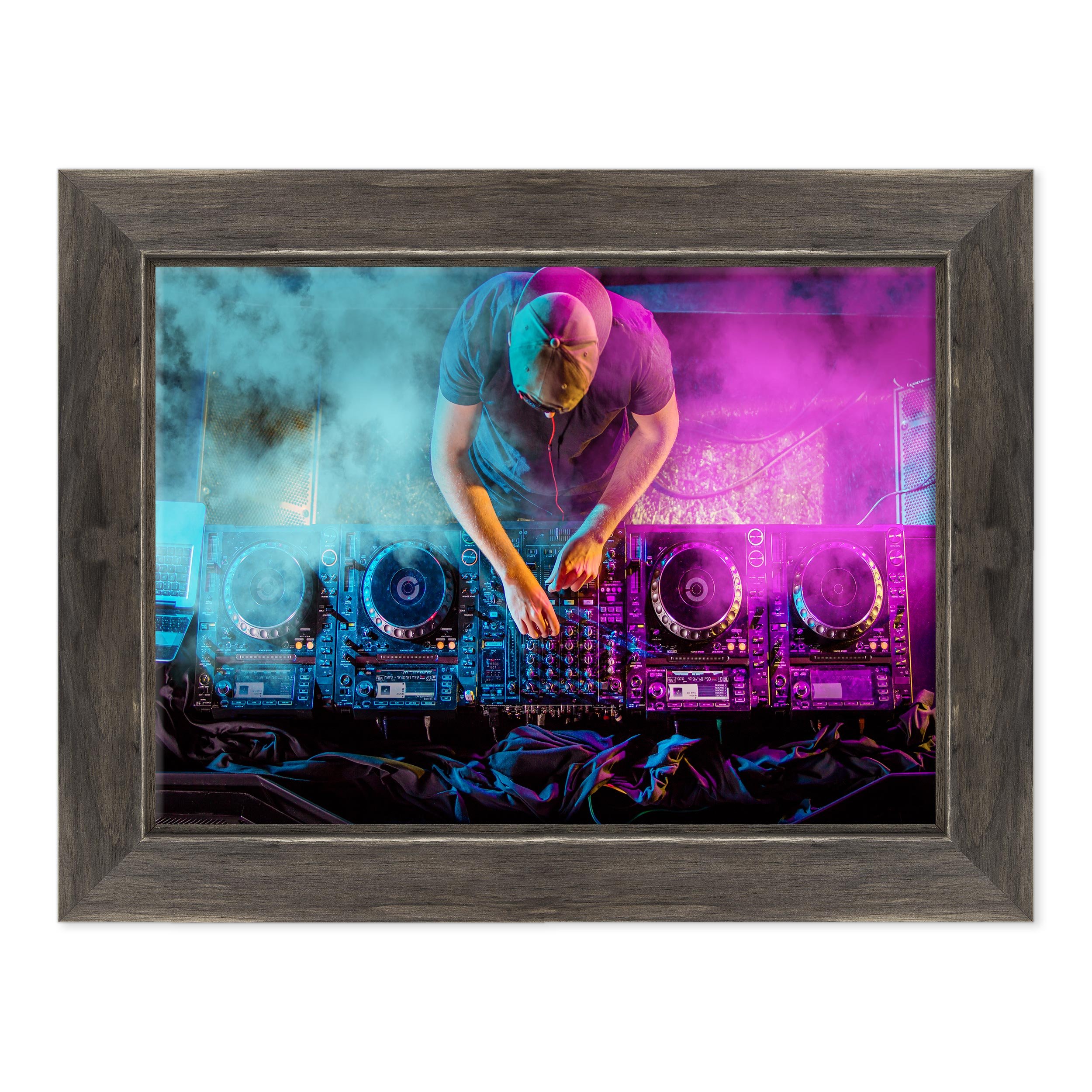 Quadro su Tela Canvas INTELAIATO - con Cornice - Deejay DJ - Piatti Discoteca - 50x70cm - Stile Country Nero Shabby - (cod.2204)