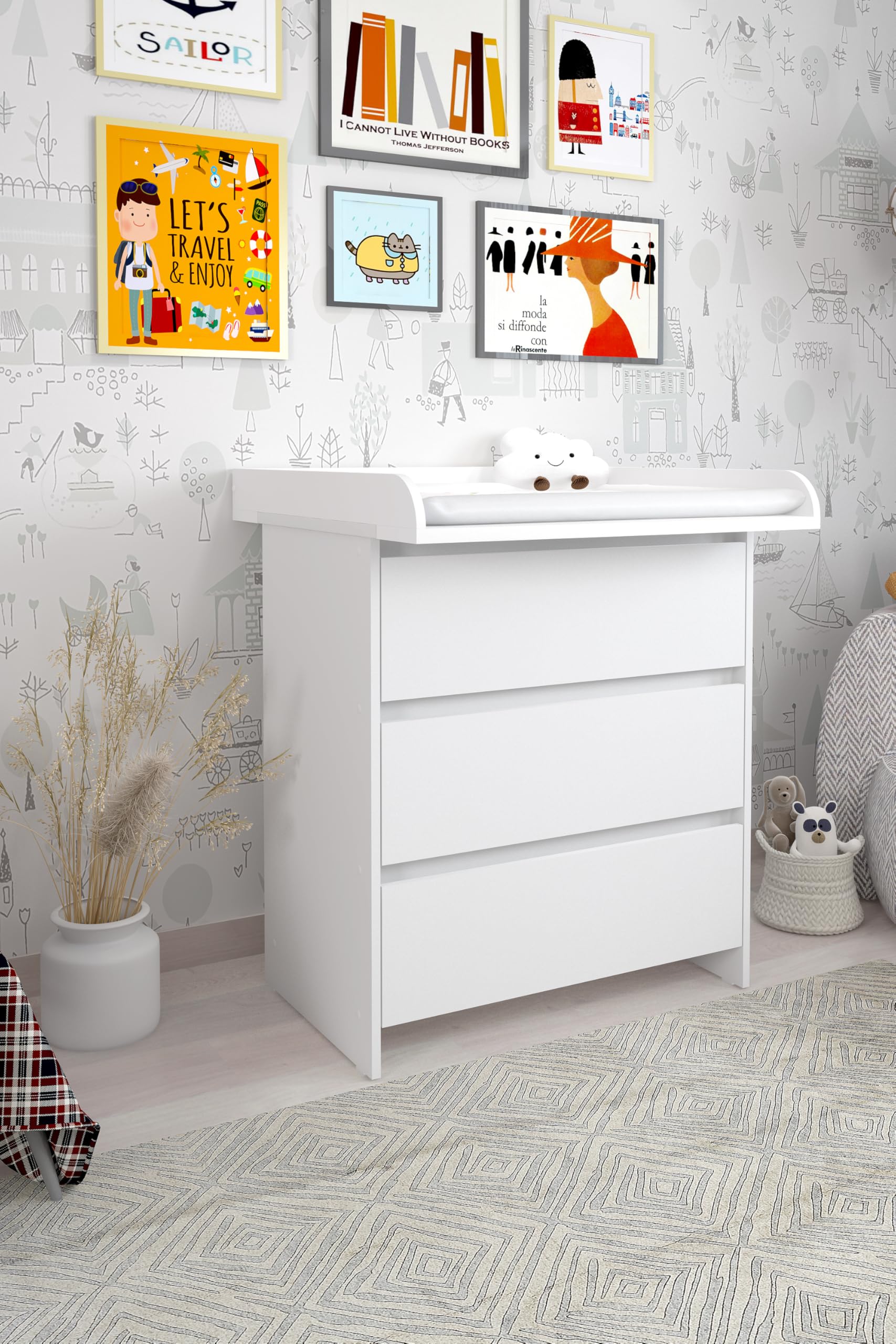 Shefa Kids 820 Commode à Langer Blanc – Table à Langer 3 tiroirs & Commode Chambre Enfant, Set complet Chambre bébé Avec plan à Langer rabattable, Station de Change ergonomique