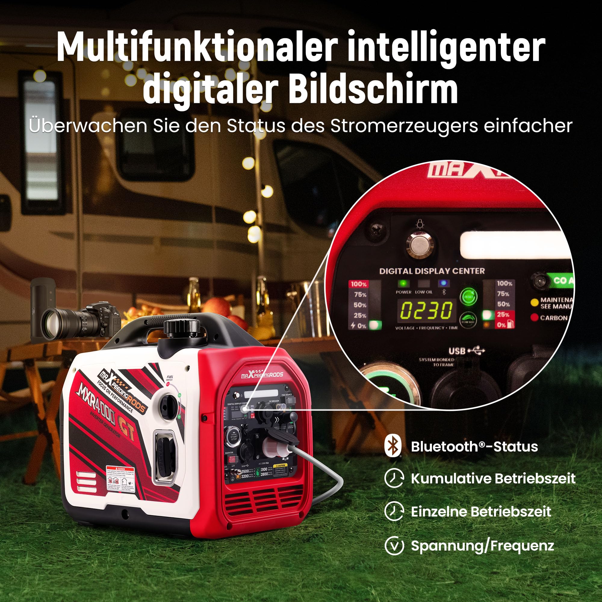 maXpeedingrods Generator prądu inwerterowego 3500W, LPG, benzynowy | cichy generator prądu z aplikacją Bluetooth®, zdalnego sterowania, generator prądu, lekki jako awaryjny agregat prądu na