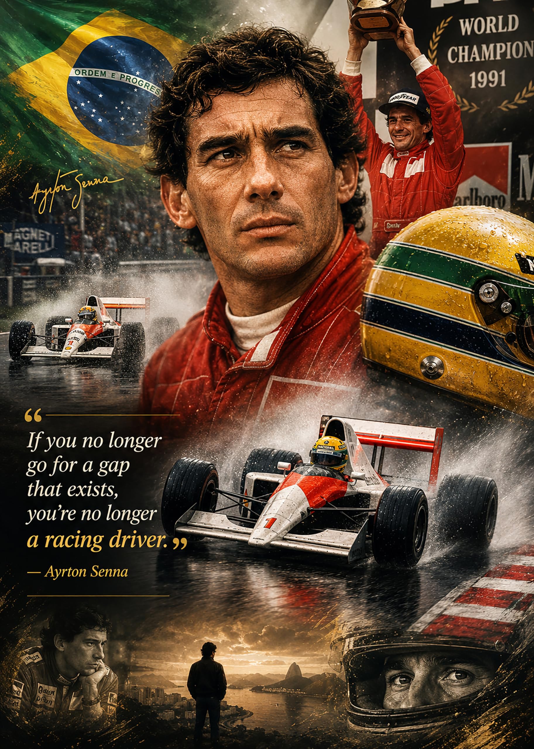 RJR PRINTS Ayrton Senna Formula One Tribute & Quote Signed A4 Montage Autograph Photo Print With Pre Printed Signature That Would Make A Superb Gift For Any Fan.