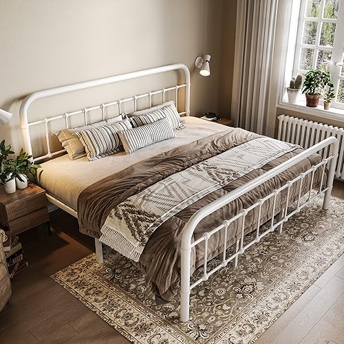 Miniatura 3 de Allewie Base de cama de metal tamaño King con cabecera de hierro forjado estilo victoriano no requiere somier color blanco