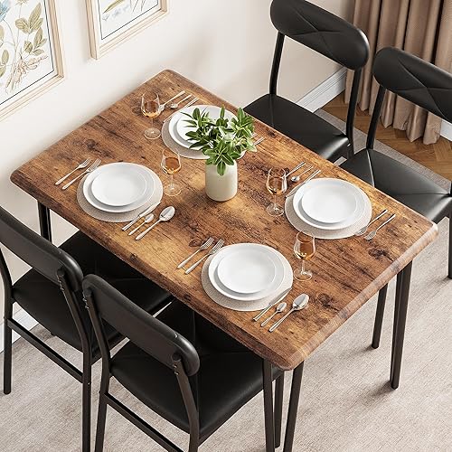 Miniatura 2 de Mesa de comedor de cocina y sillas tapizadas para 4, mesa rectangular de madera para 4 asientos, juego de comedor industrial de 5 piezas para