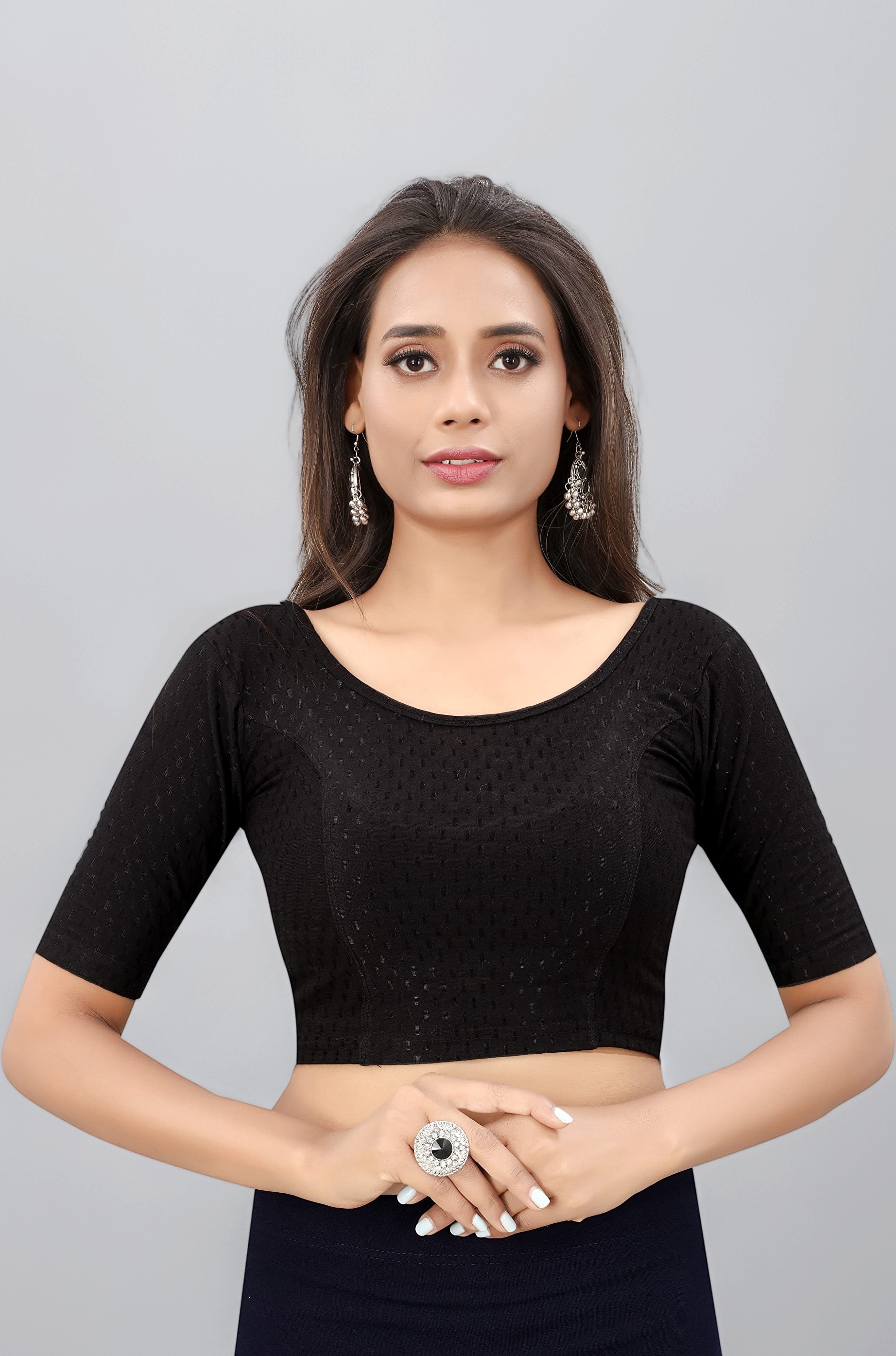 SAGIBO Round Neck Dobby Cotton Lycra Stretchable Elbow Sleeve Readymade Saree Blouse for Women Stylish