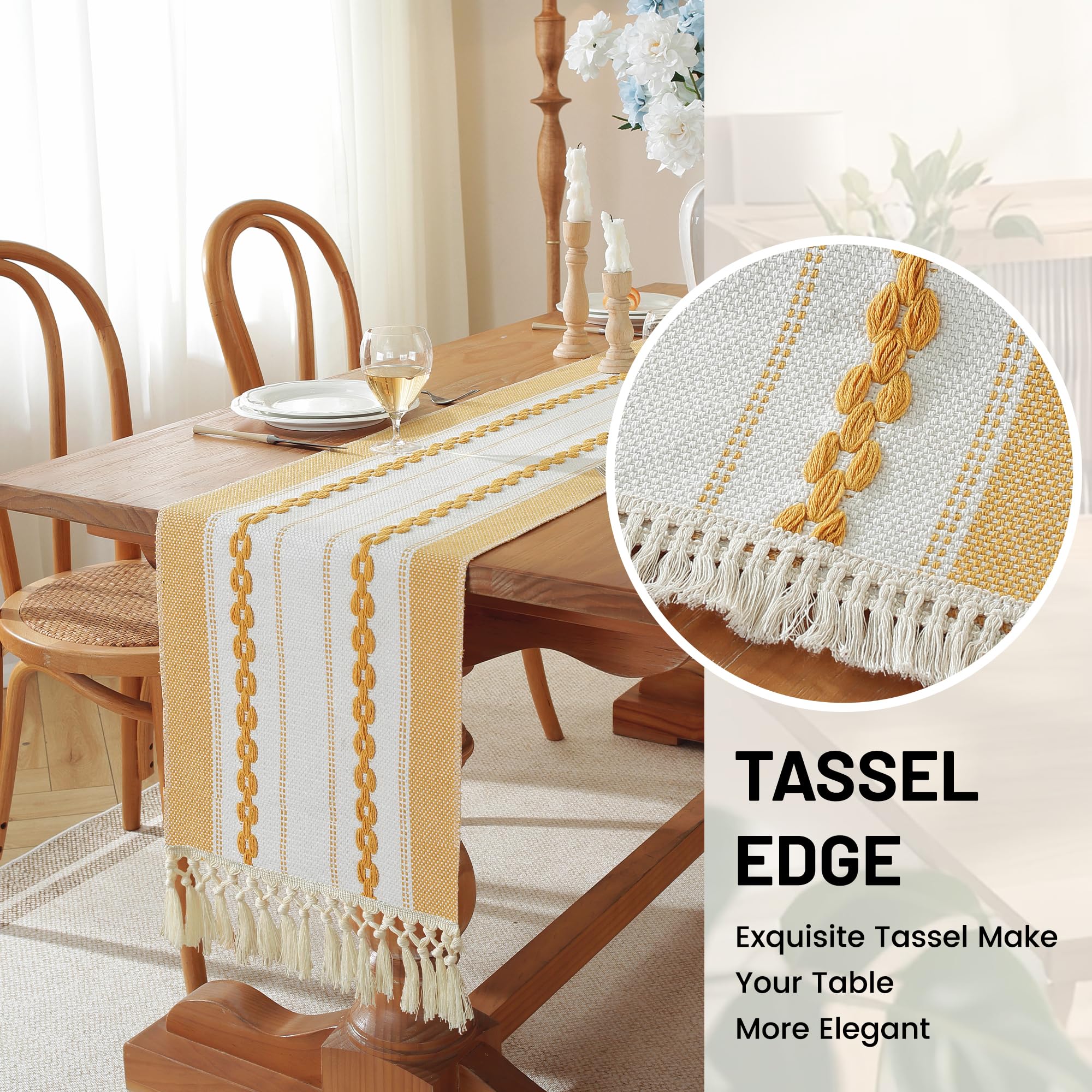 Camino de mesa bordado con borlas, flores 3D, camino de mesa de poliéster para comedor, encimera de cocina, para boda, fiesta, cena (13 x 48 pulgadas, amarillo)