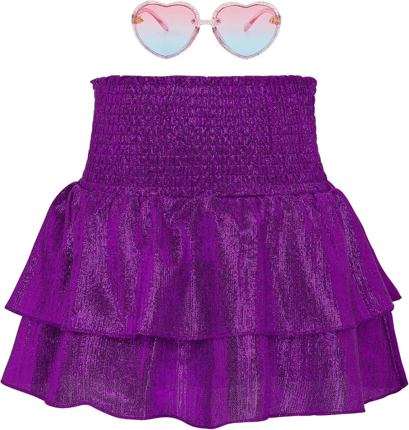 American Trends Girls Sequin Sparkly Skirts Girls Metallic Skirt 2-Layer Ruffle Skirts with Sunglasses Cheerleaders Skirt