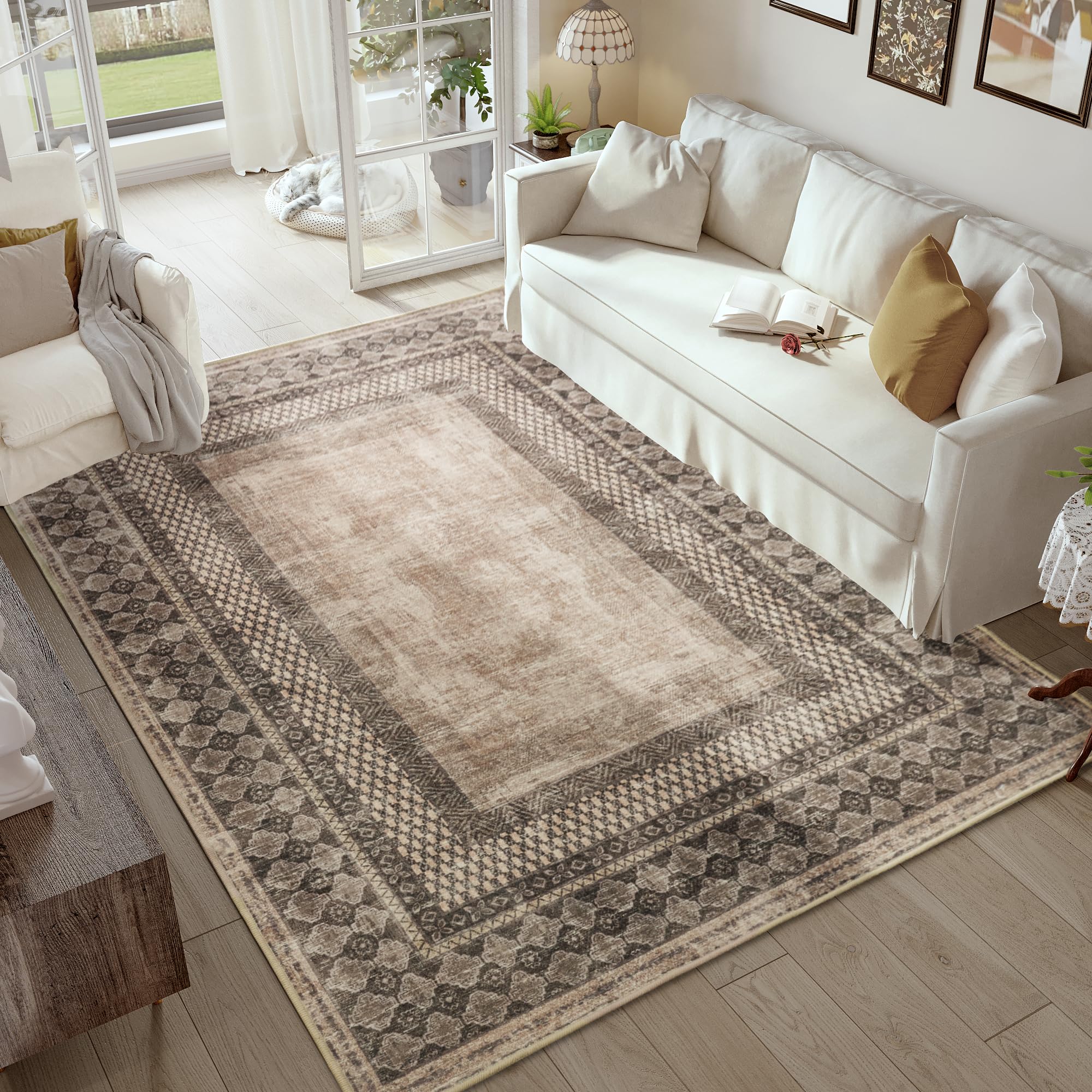 NICETOWN 5x8 Area Rug, Ultra- Thin Brown Oriental Washable Rug for Living Room, 5'x 8' Carpet for Bedroom, Non-Slip Stain Resistant Foldable Large