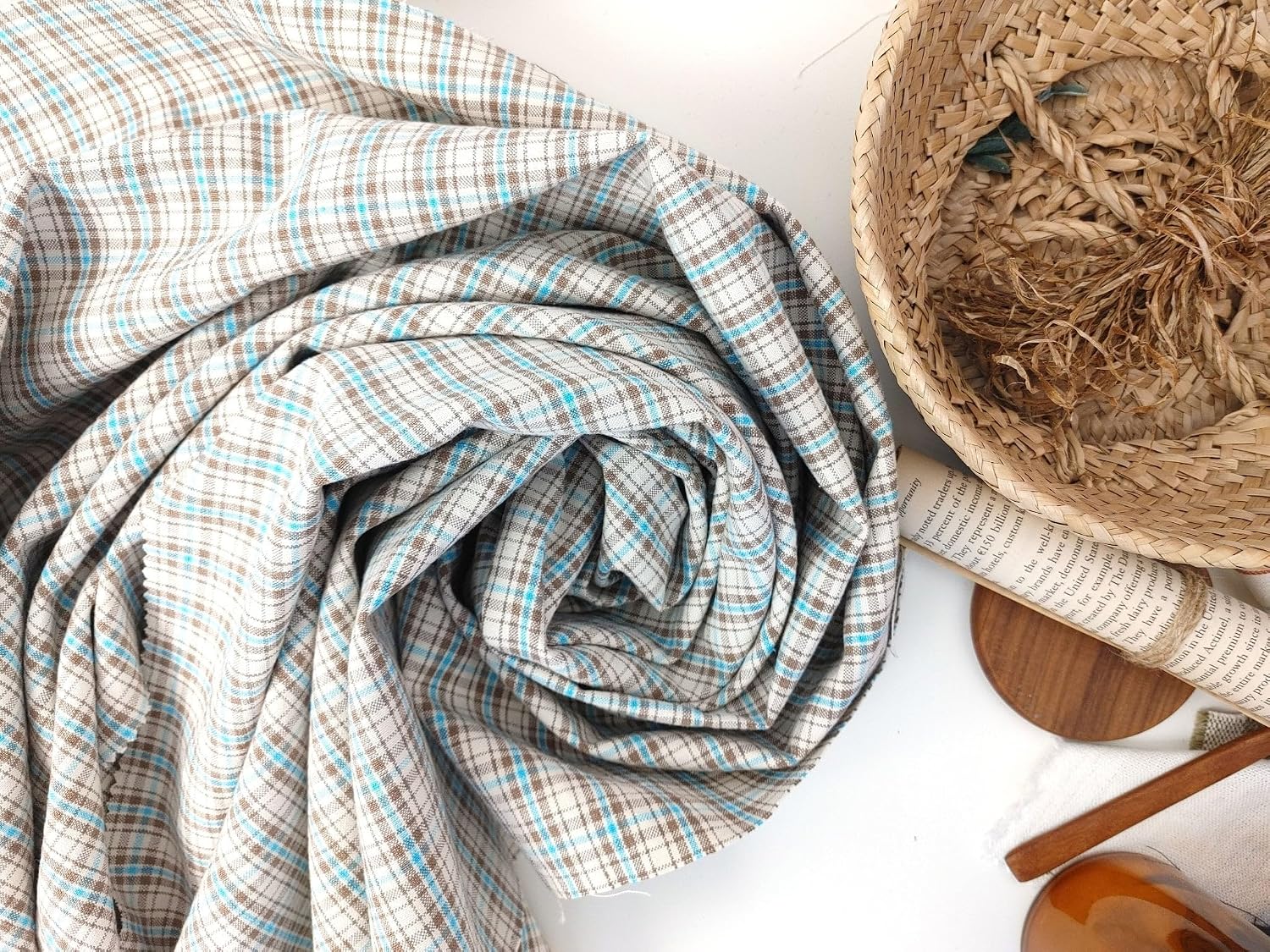 Linen Cotton Plaid Fabric Beige & Blue 7202 Beige