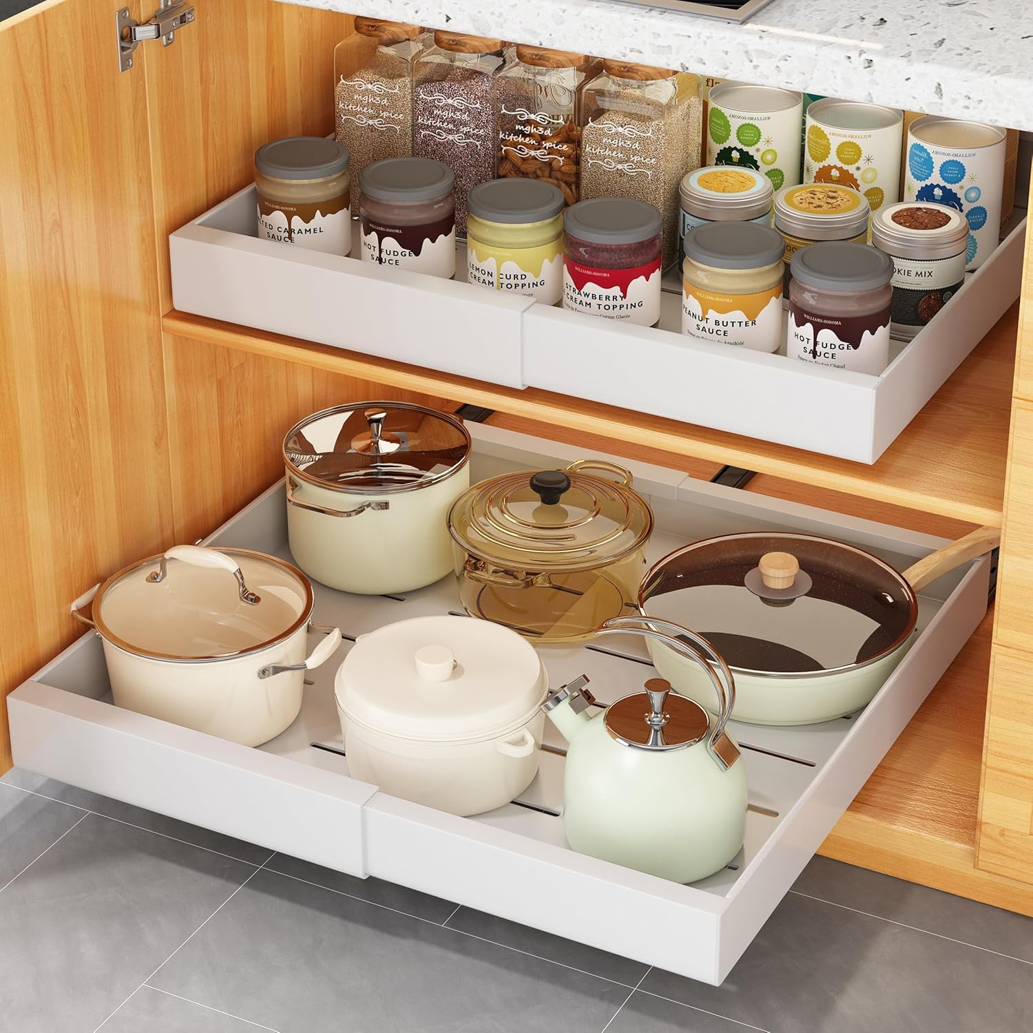 COVAODQ Pull Out Cabinet Organizer Depth 20.8" Sliding Slide Out Pantry Shelves Storage No Punch for Kitchen Base Cabinet Organization, Pantry, Bathroom Adjustable Width 12.4" to 20.4",1 Pack Deep 20.8", 1 Pack