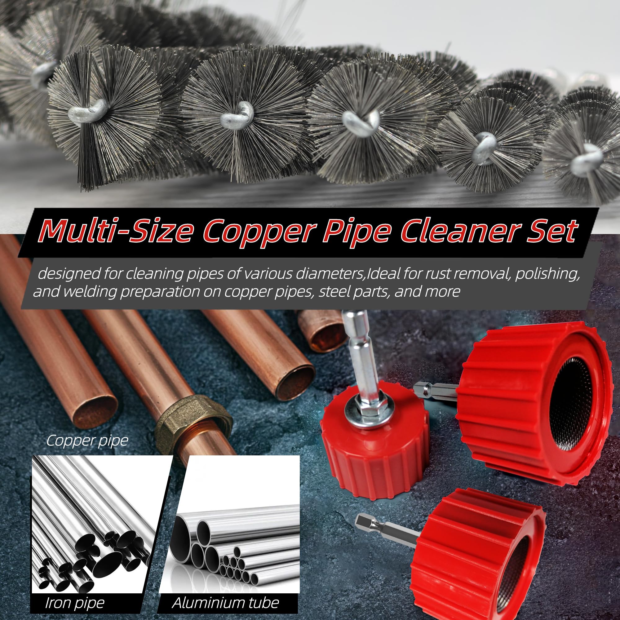Pulitore per tubi in rame per trapano, include 3 spazzole per la pulizia del tubo (1/2", 3/4", 1") e 6 spazzole in filo di acciaio inossidabile, set di pulizia per tubi in rame pulisce tubi e