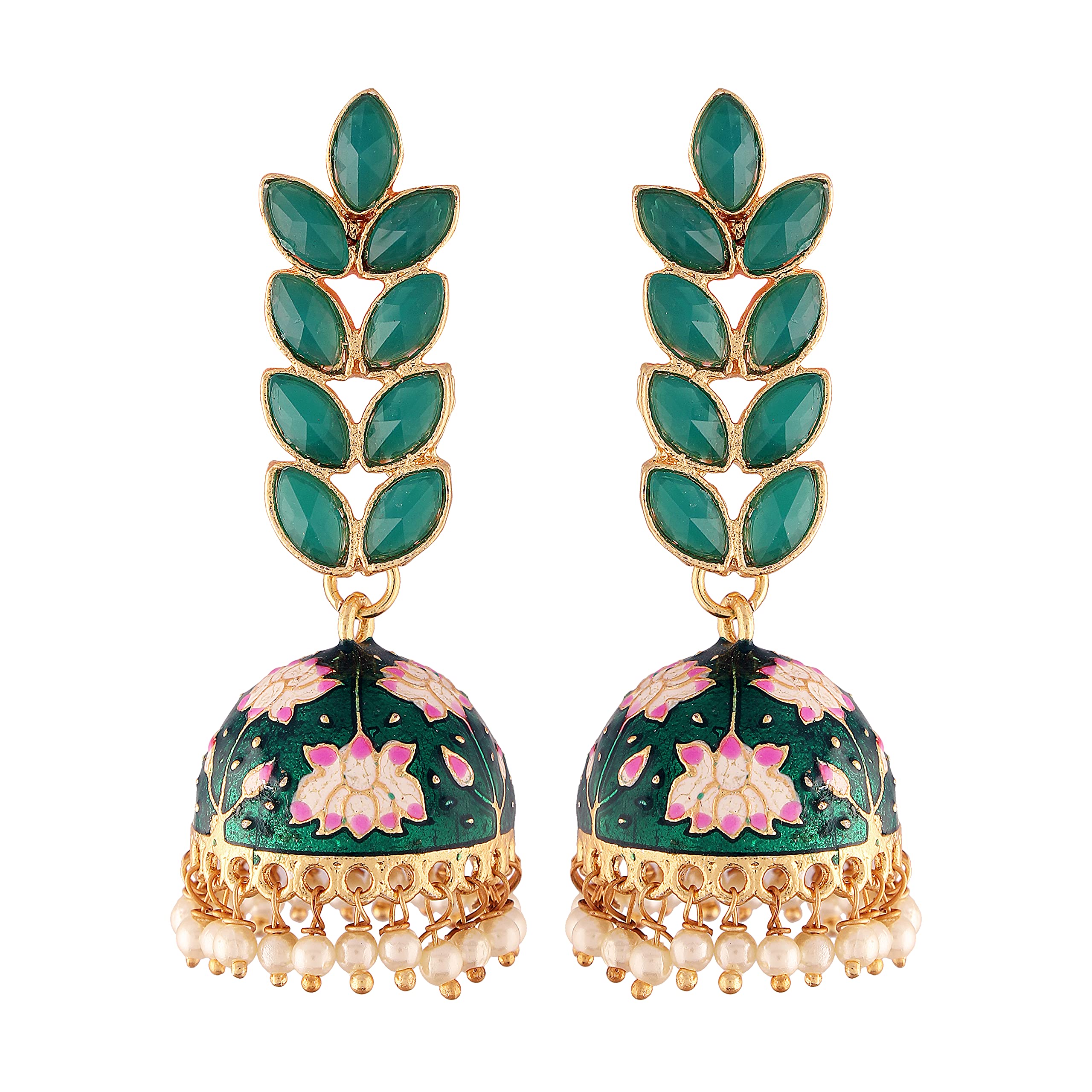 i jewels 18k Gold Plated Meena Work Leaf Shaped Jhumki Earring For Women (E2922)-picture-10