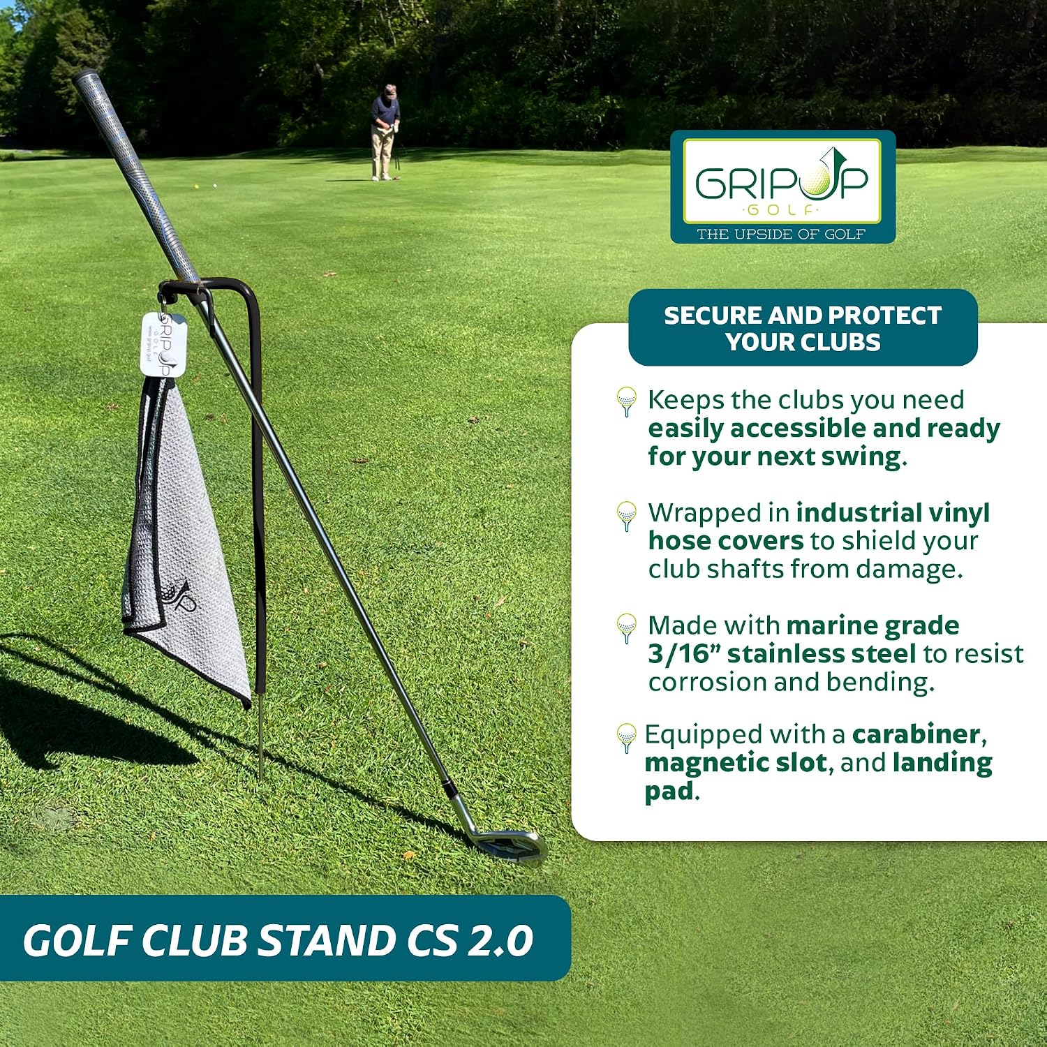 Golf Club Stand CS 2.0, Golf Club Stand with Hook, Carabiner and Magnetic Slot, and More, Durable and Rust-Resistant Golf Club Bag Accessories, 3/16” Diameter, 27" L x 4" W x 27" H