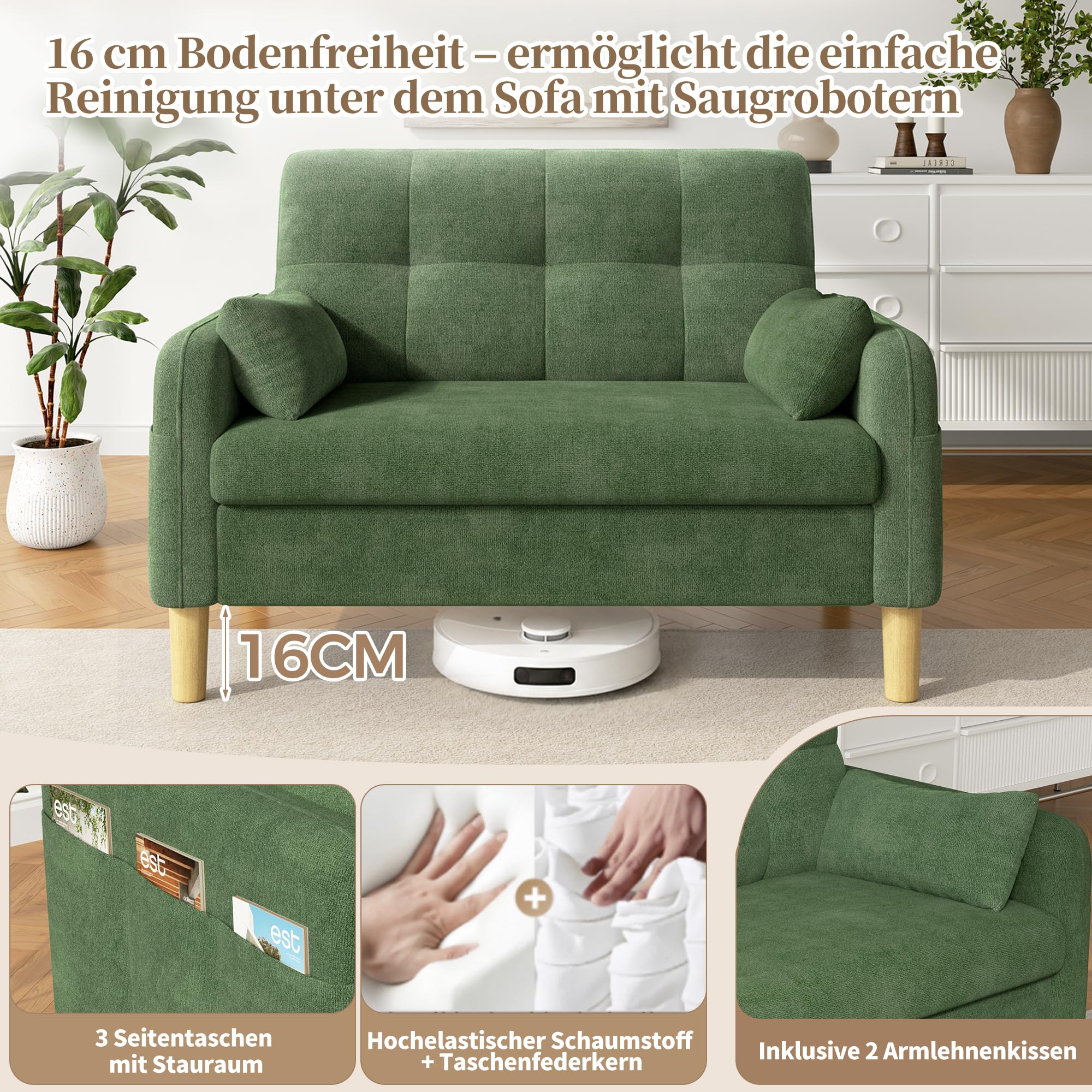 Moderno divano a due posti con imbottiture morbide e spesse, 2 cuscini e borsa portaoggetti laterale, ideale per soggiorno, camera da letto o piccoli appartamenti, tessuto in ciniglia, verde