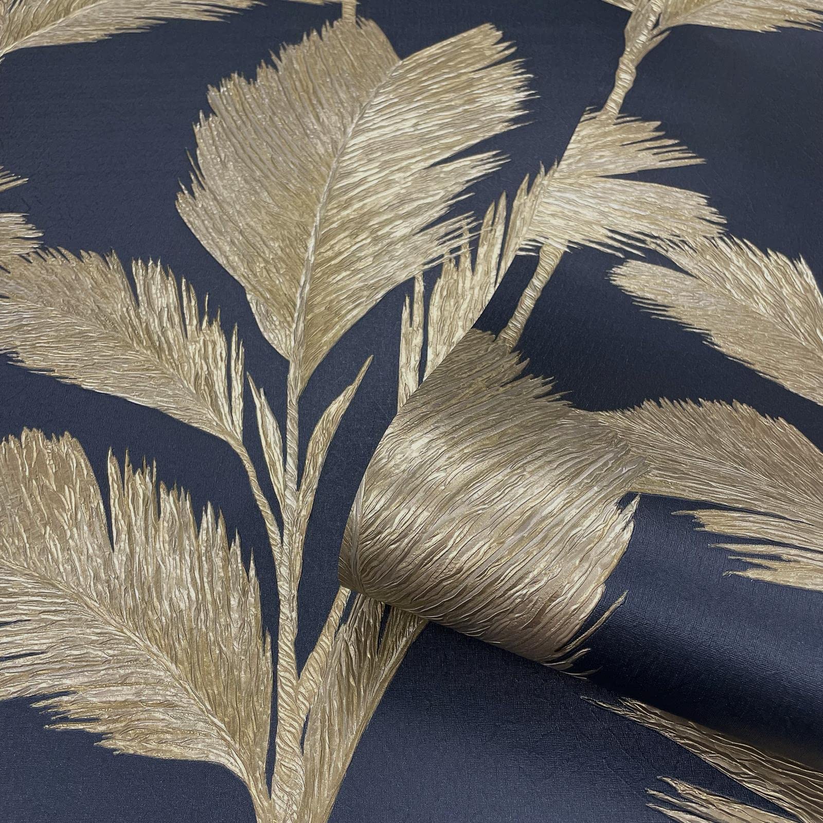 Yöl Navy/Gold-Sample Sample Gold Alessia Leaf Wallpaper Textured Embossed Metallic Vinyl